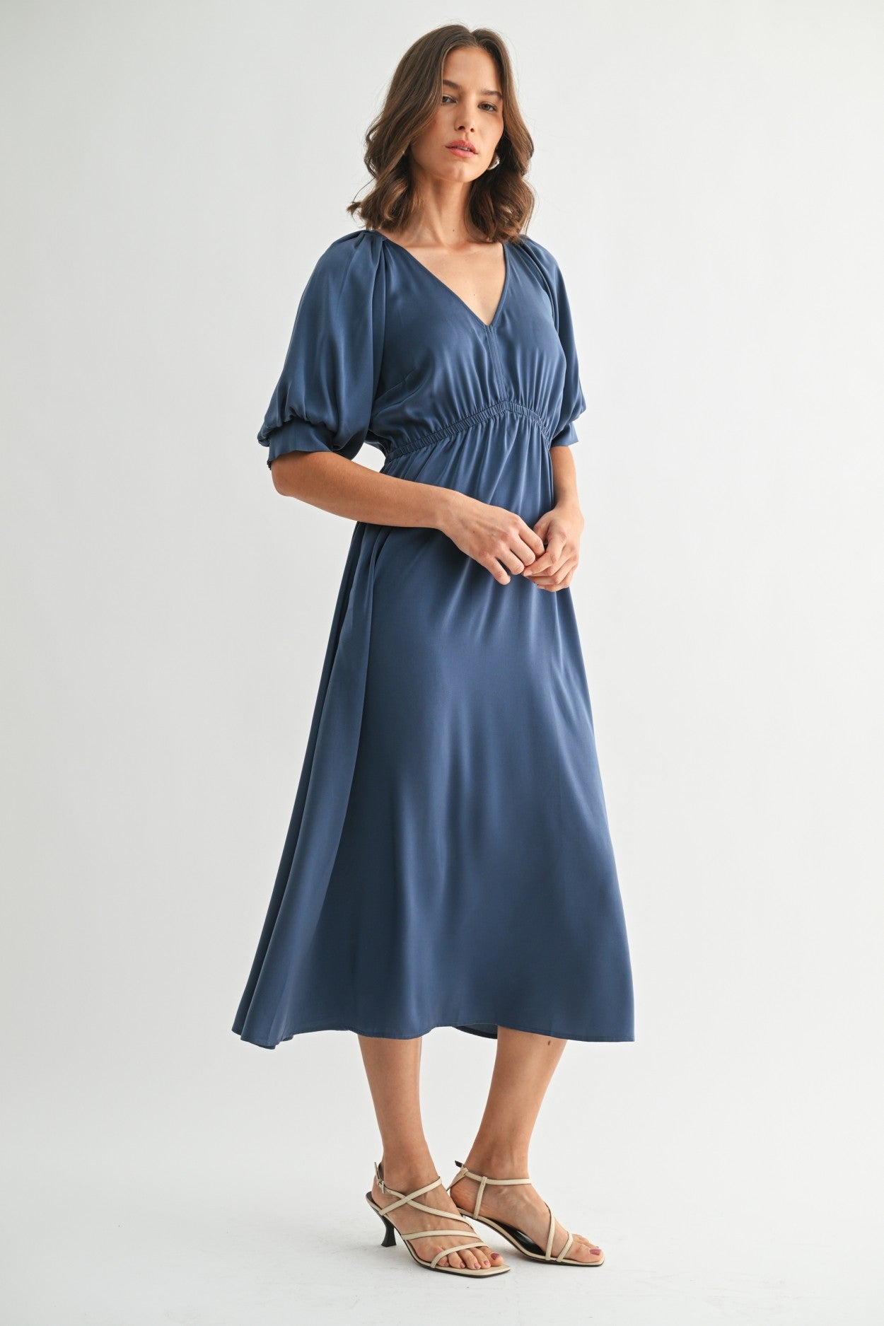 Satin Balloon Dress in Dusty Blue