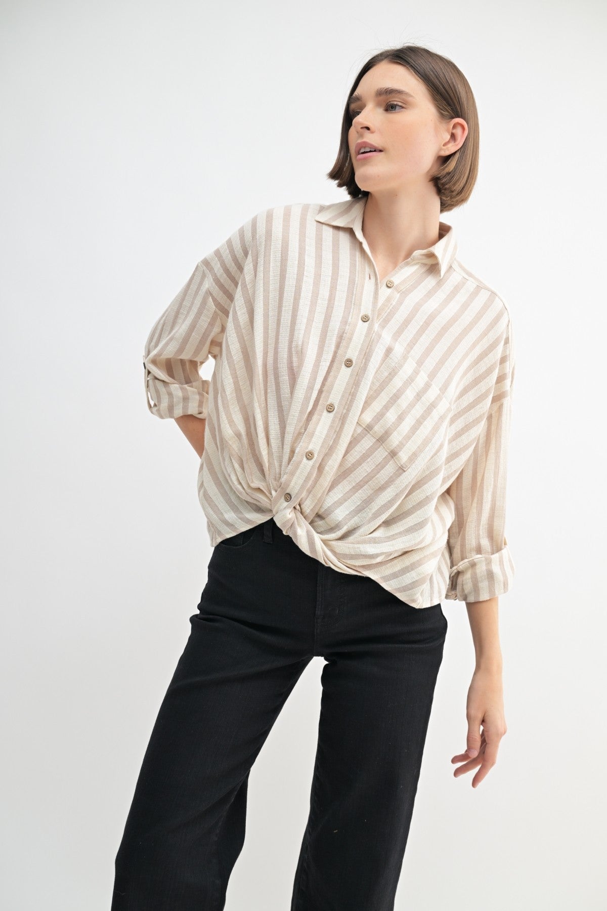 Twist Front Button Down Top in Taupe