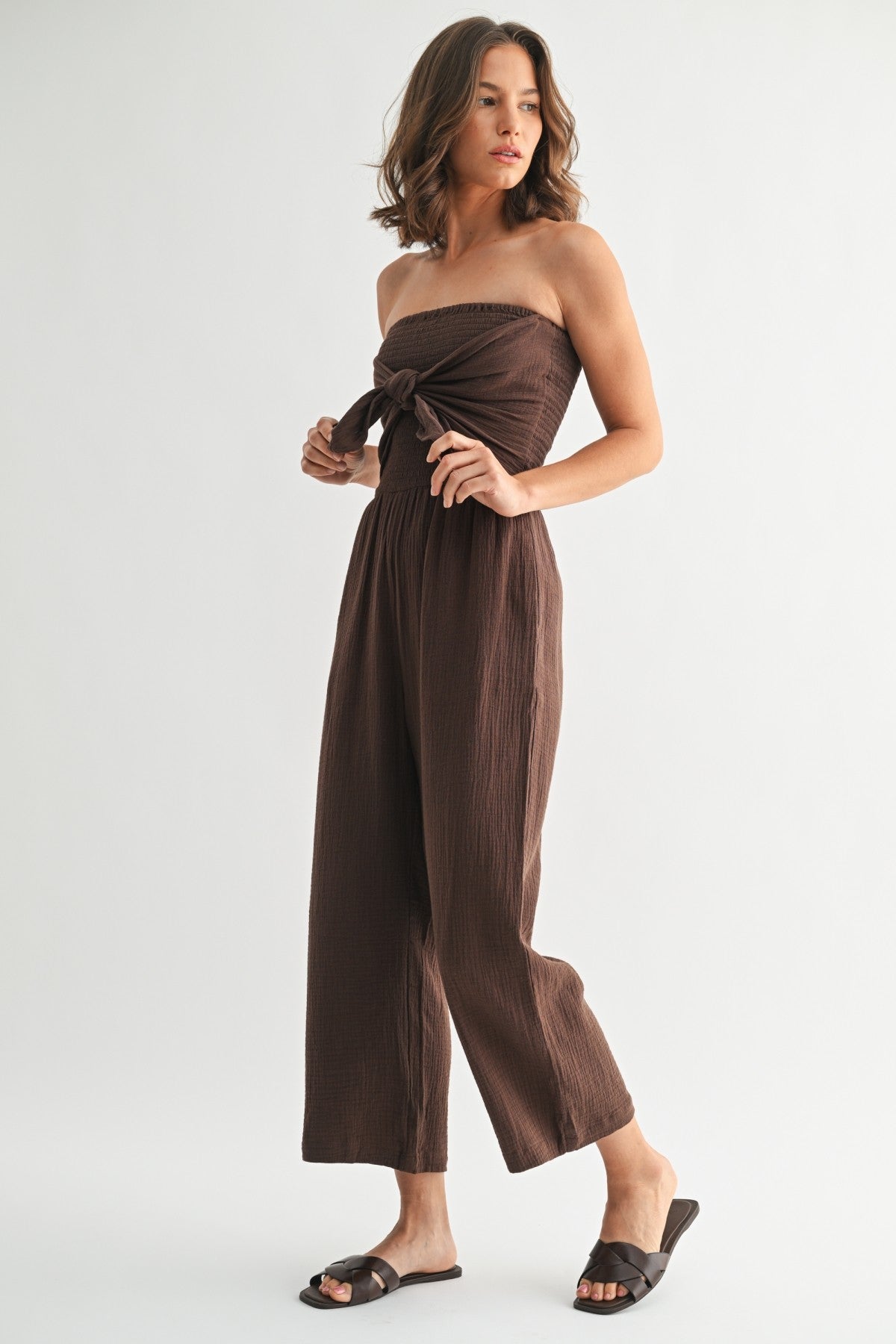 Smocking Top Jumpsuit in Truffle