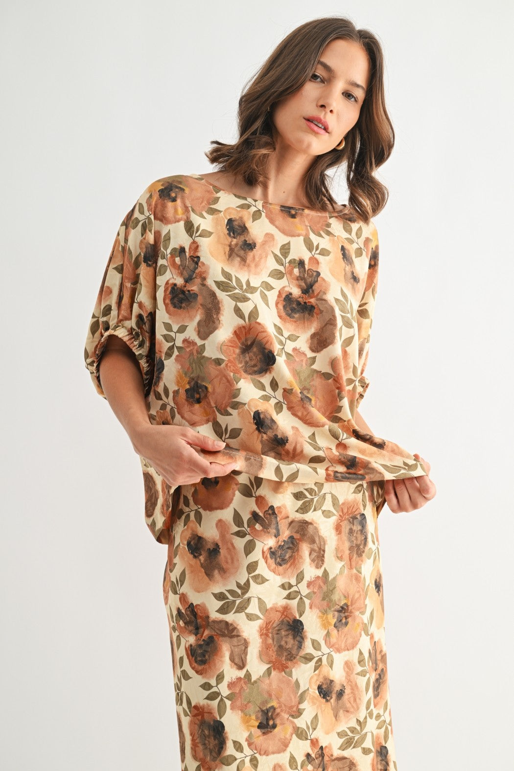 Flower Print Satin Dolman Top