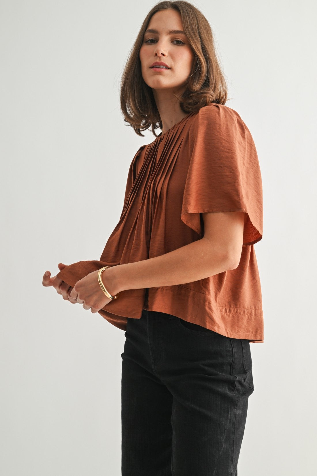 Pintuck Short Sleeve Blouse in Clay