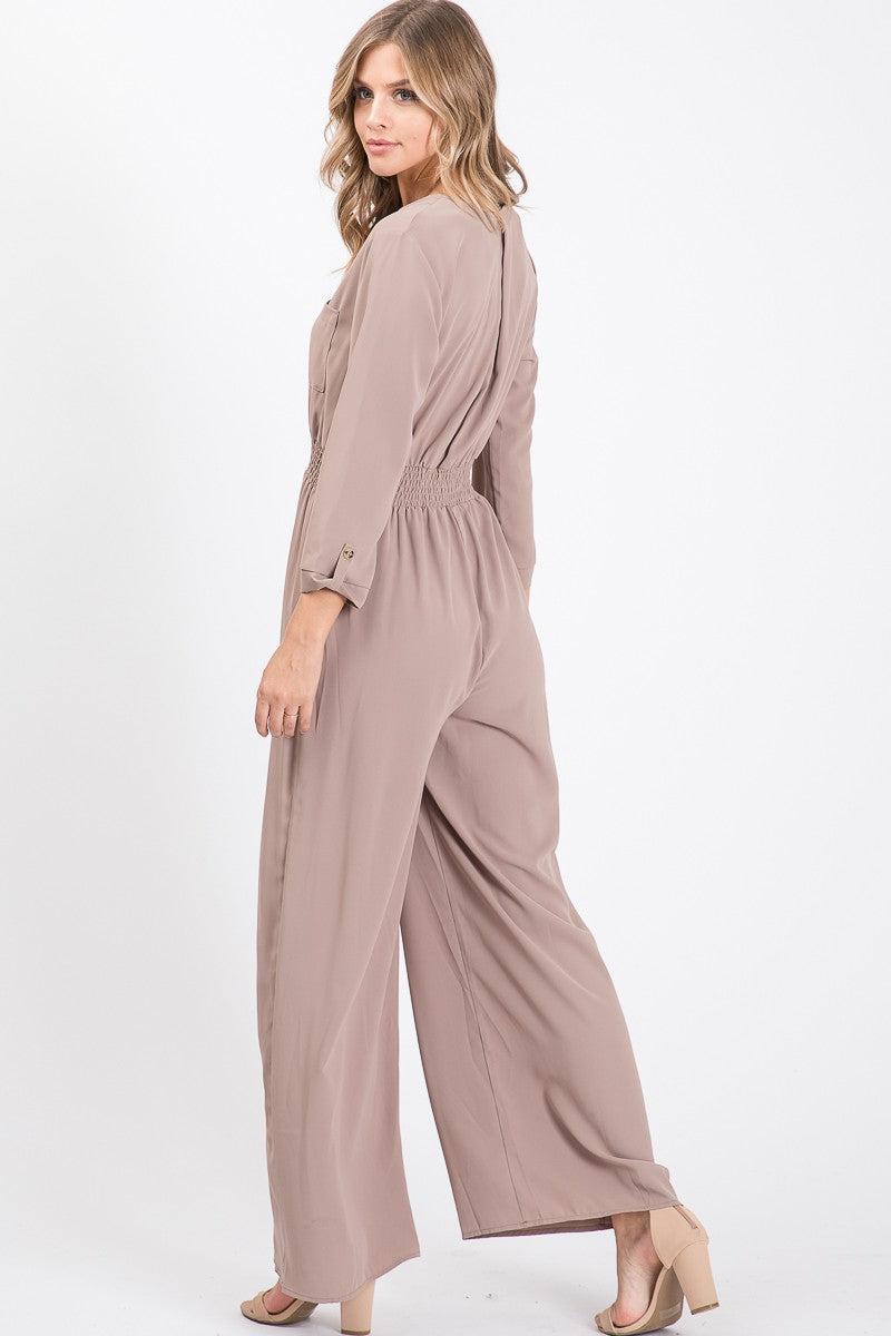 3/4 Sleeve Button Down Jumpsuit