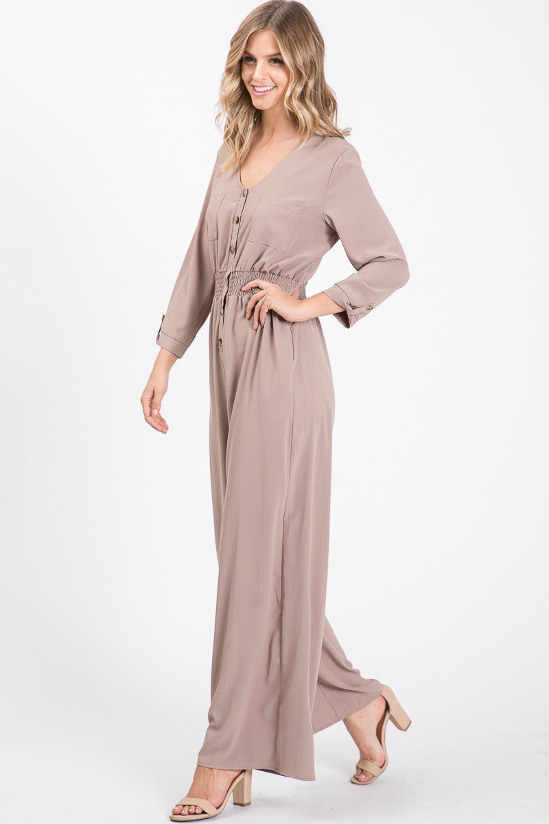 3/4 Sleeve Button Down Jumpsuit