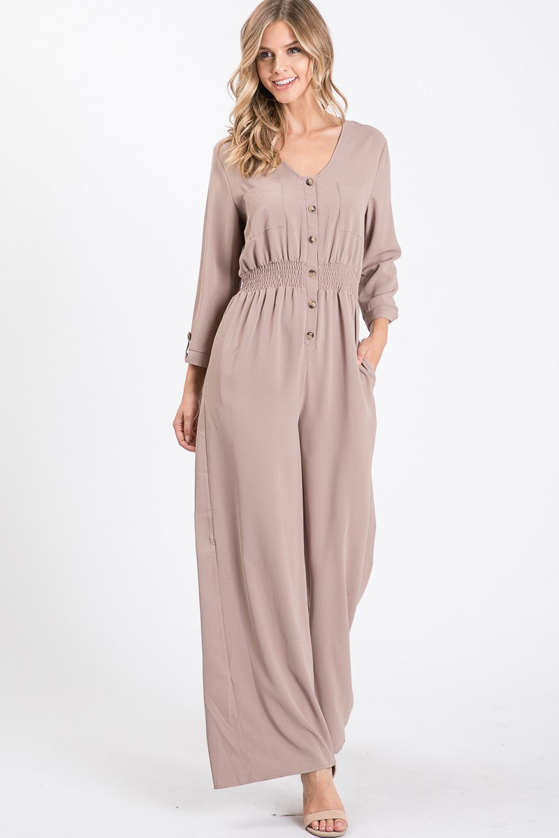 3/4 Sleeve Button Down Jumpsuit