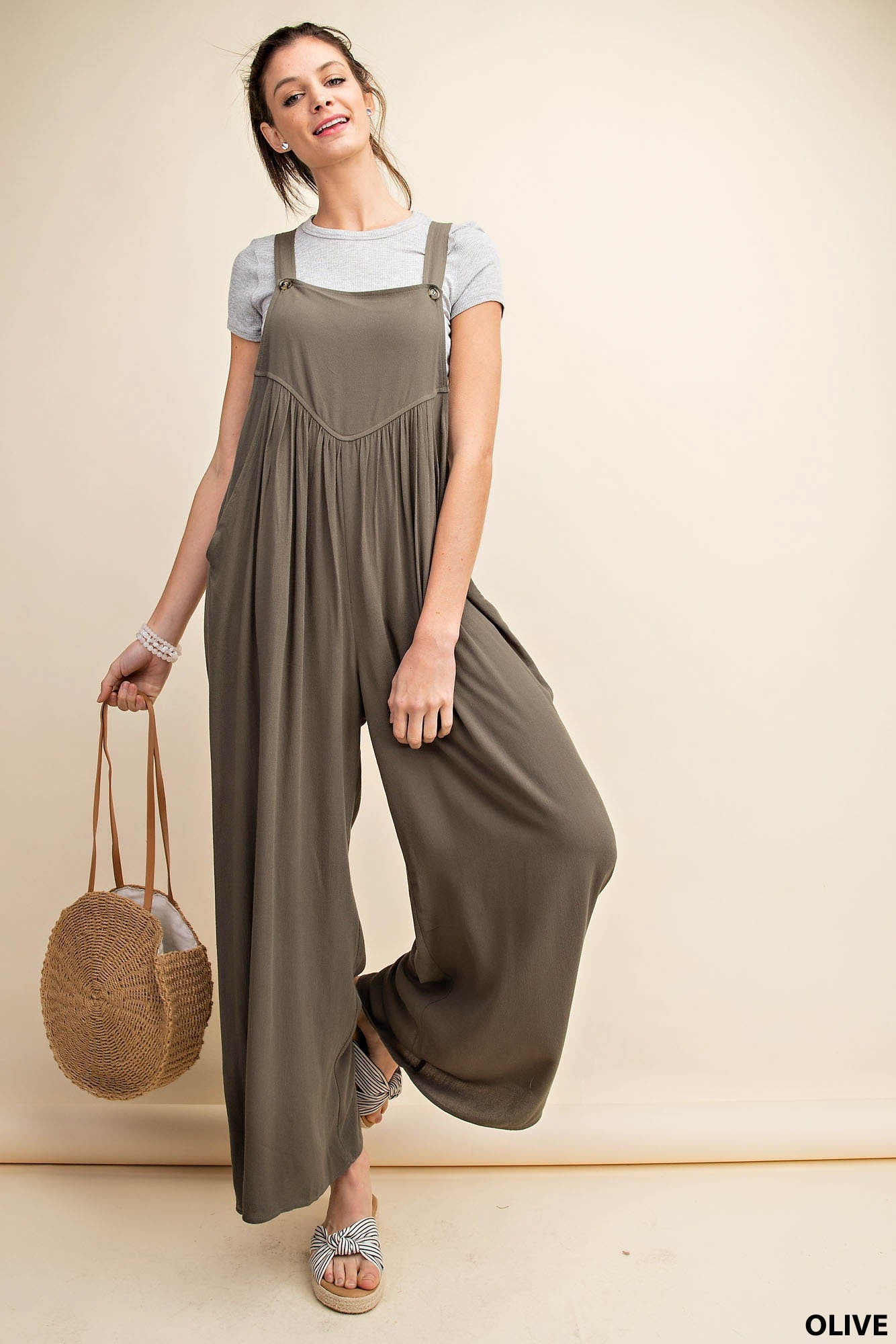 Shirring Detail Overalls in Olive
