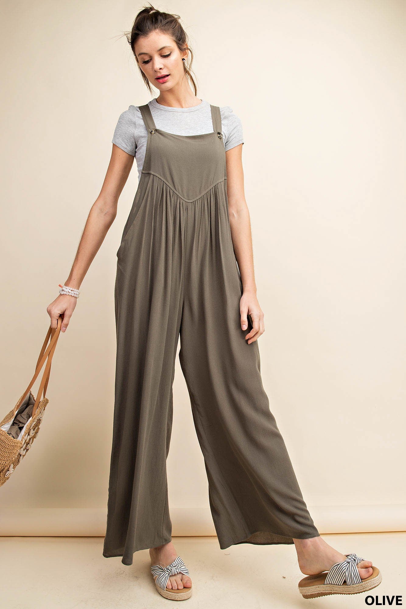 Shirring Detail Overalls in Olive