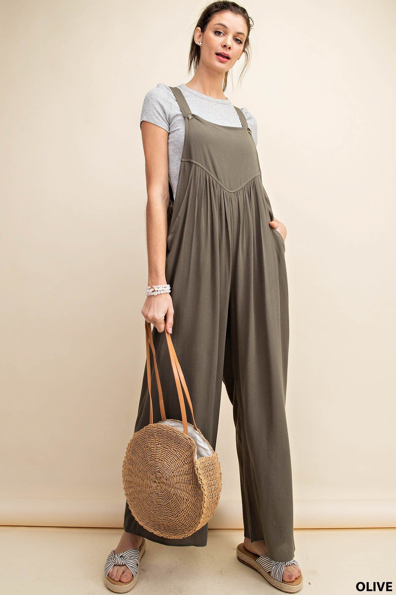 Shirring Detail Overalls in Olive