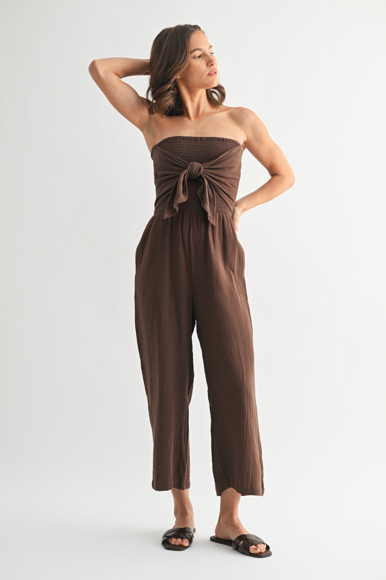 Smocking Top Jumpsuit in Truffle
