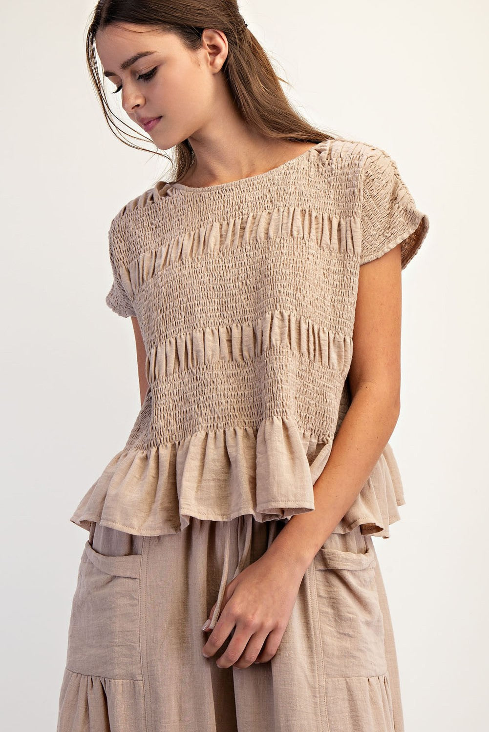 Ruched Crew Neck Top in Taupe