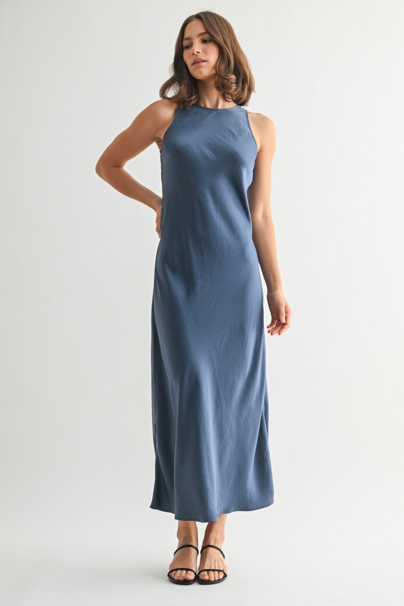 Satin Maxi Dress in Dusty Blue