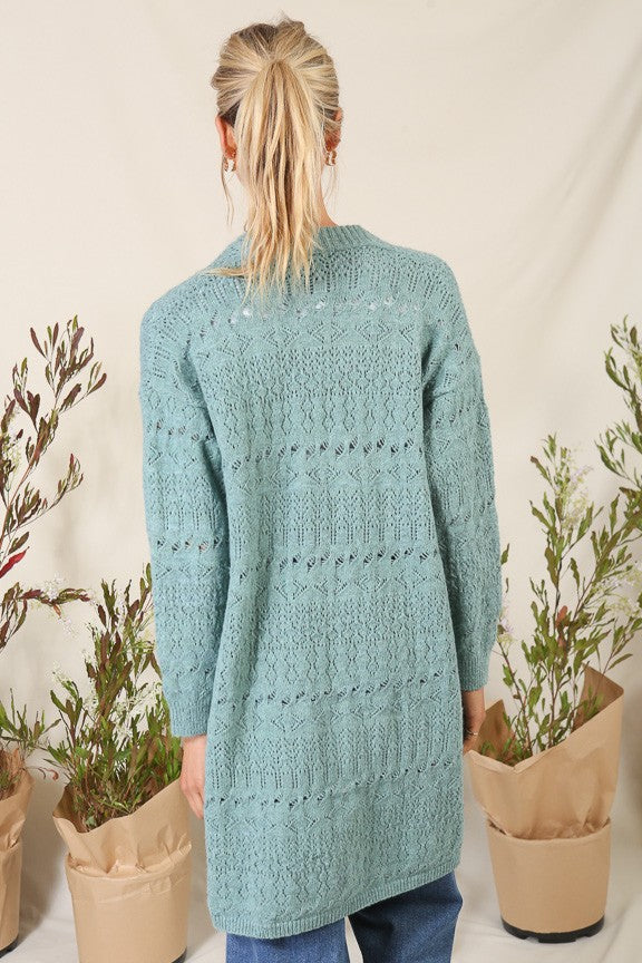 Pointelle Knit Long Cardigan in Sage