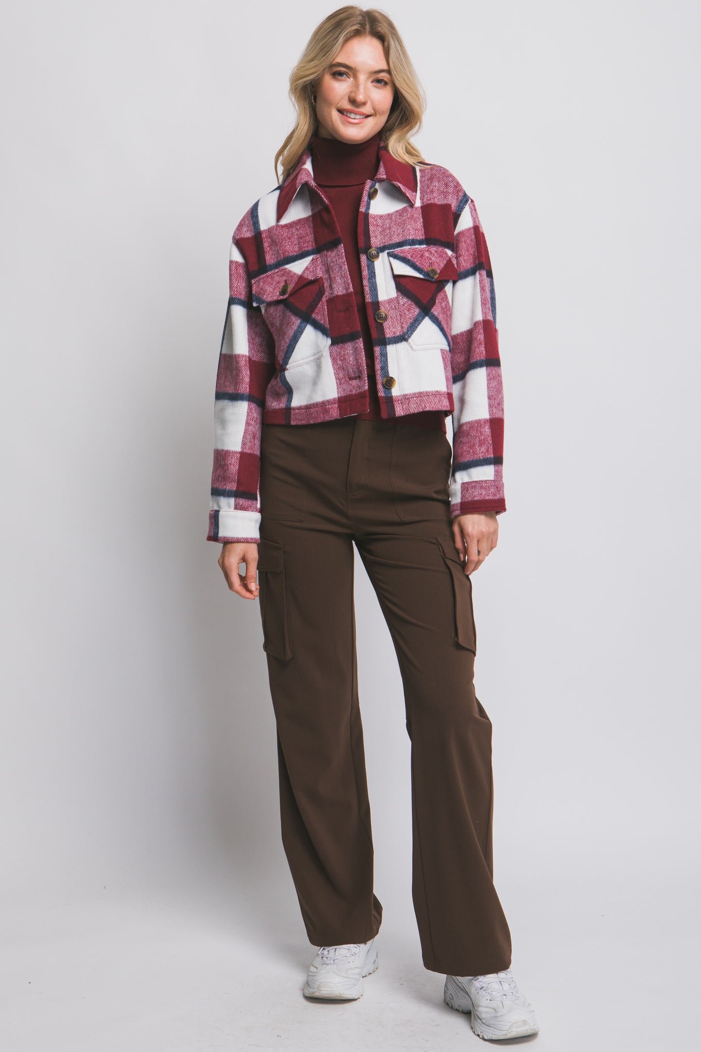 Plaid Cropped Jacket in Burgundy
