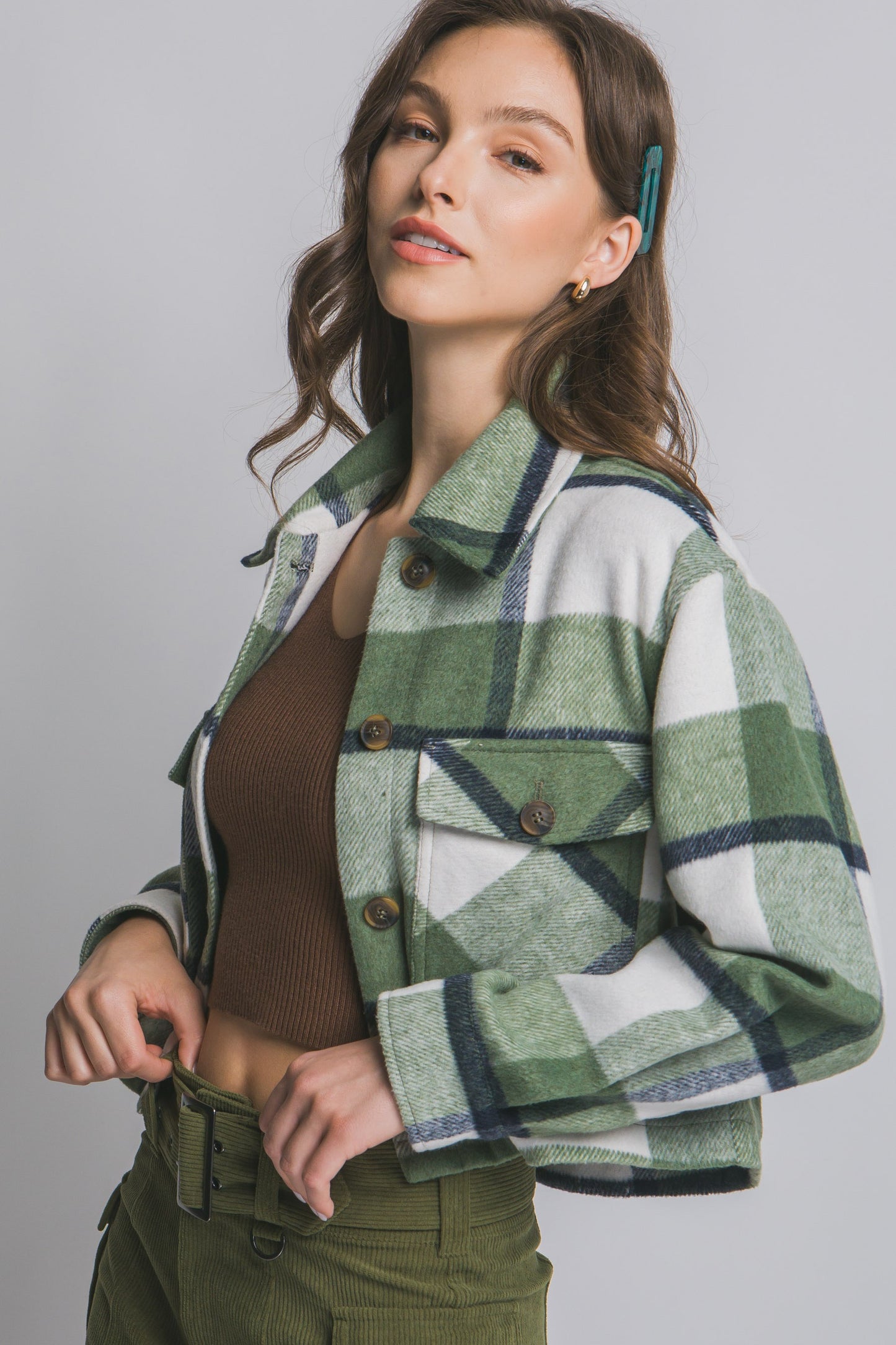 Plaid Cropped Jacket in Olive