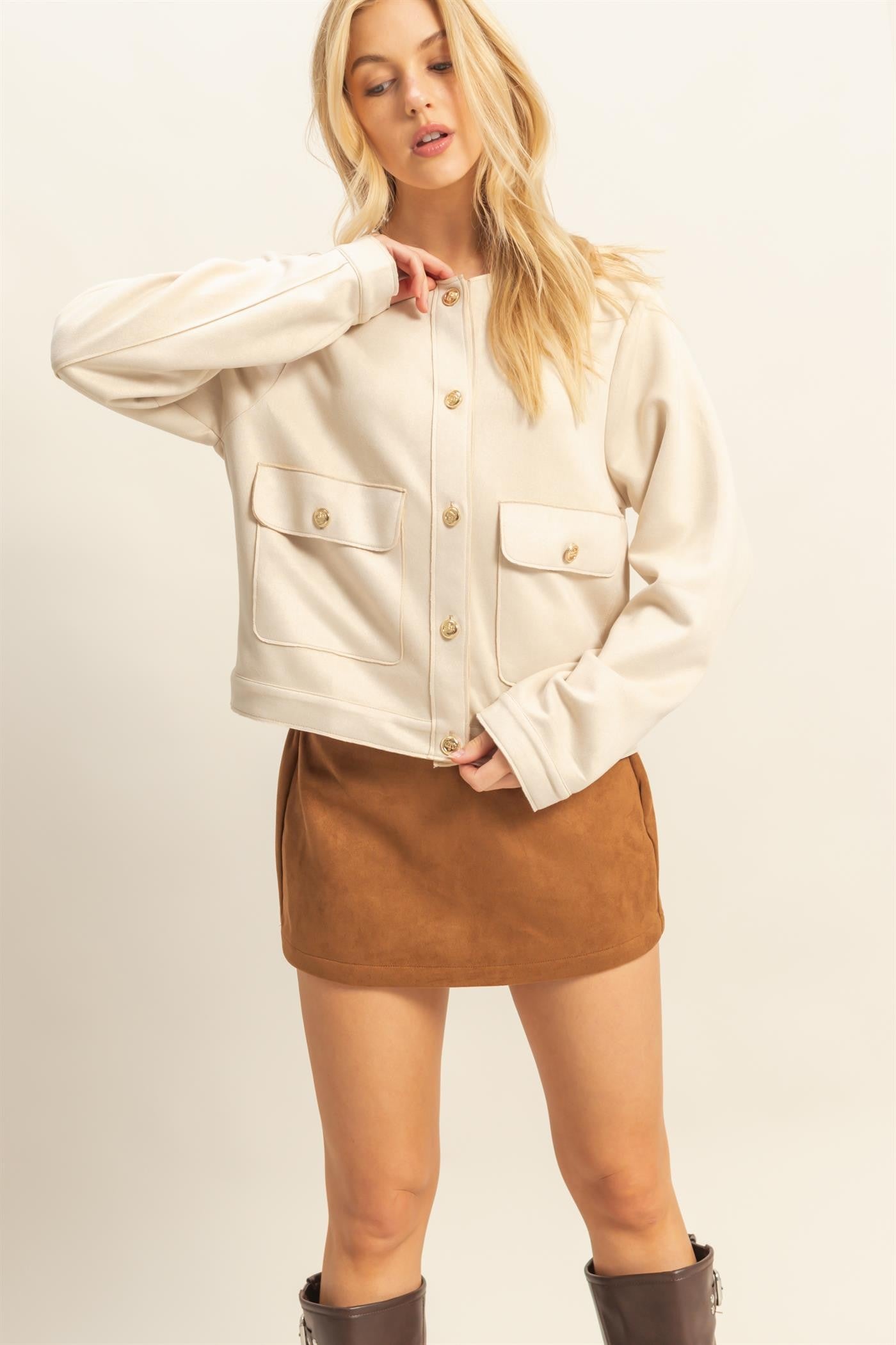 Suede Jacket with Gold Buttons in Cream