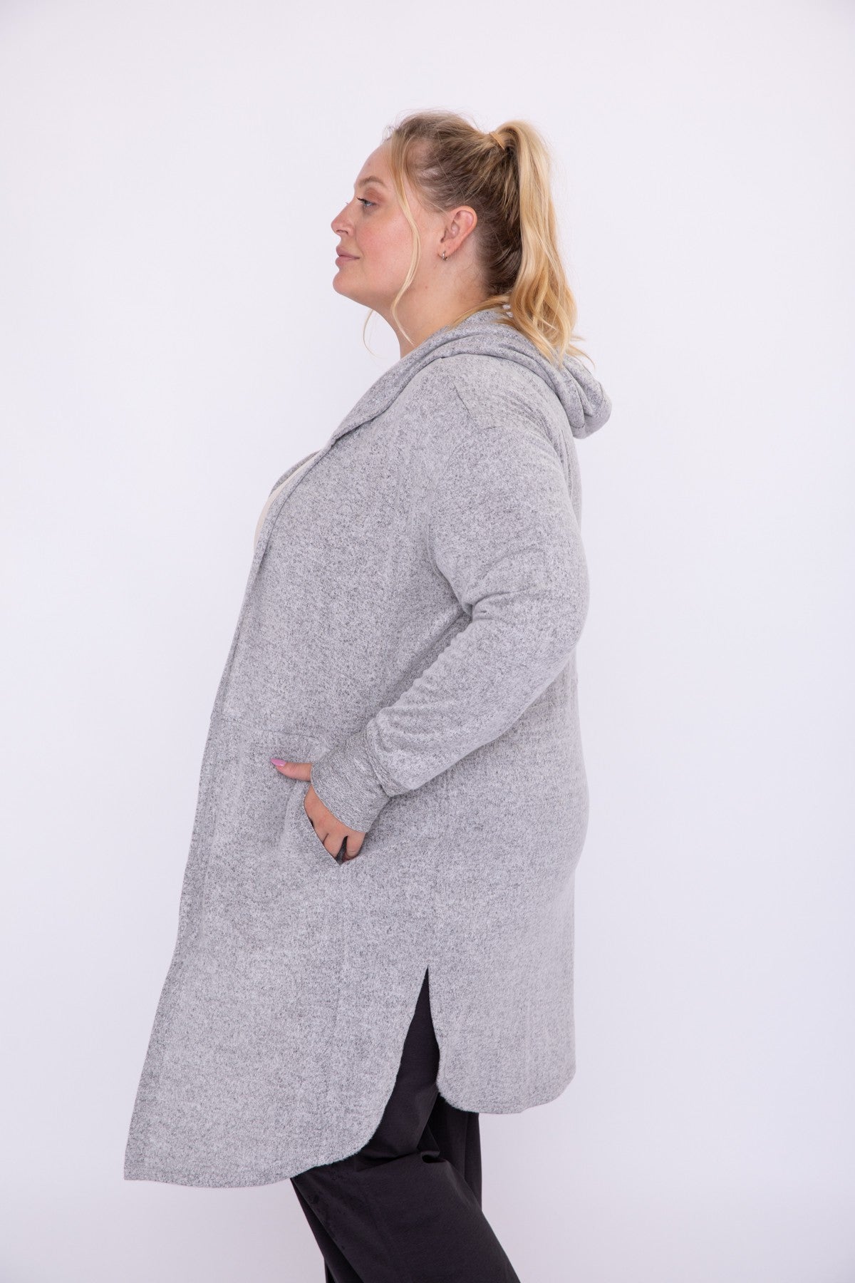 Curvy Open Front Hoodie Cardigan in 2 Tone Grey