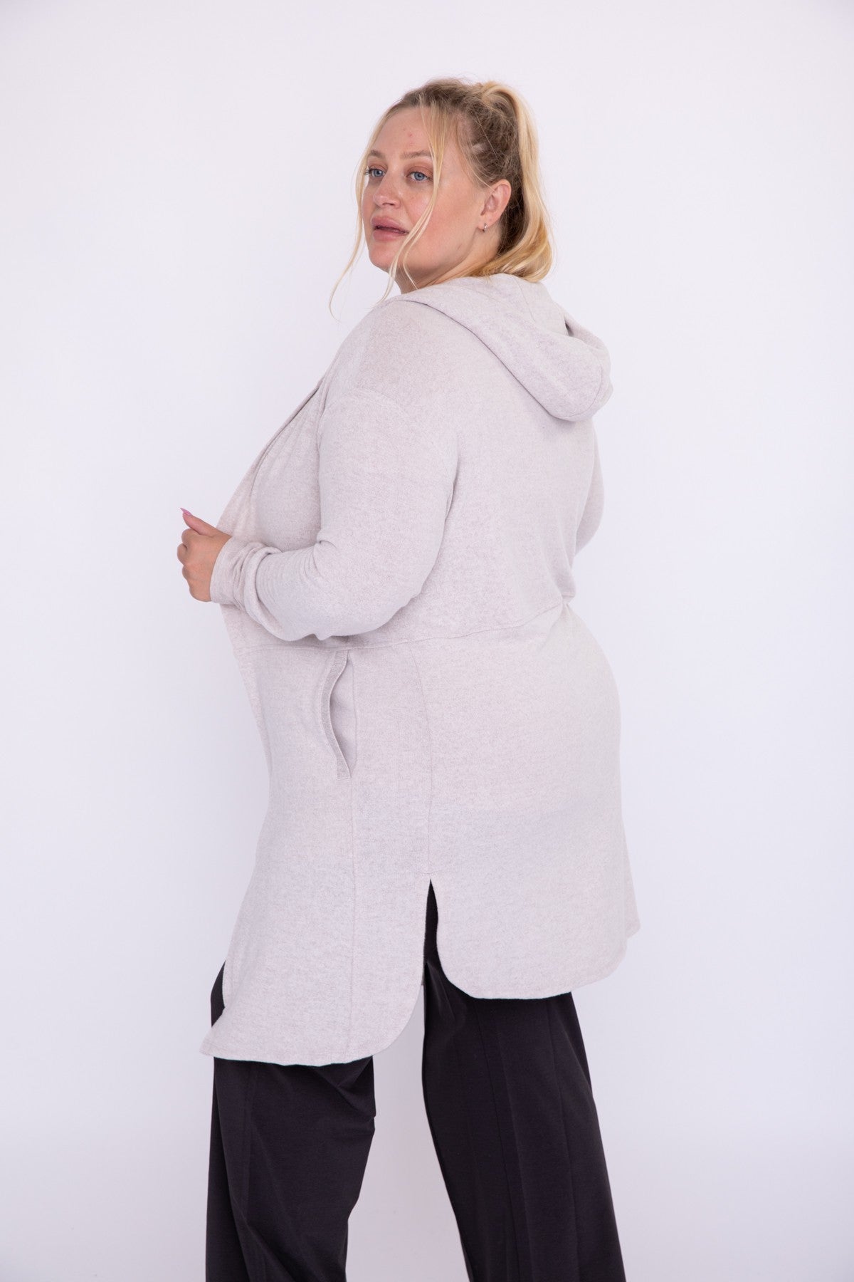 Curvy Open Front Hoodie Cardigan in Taupe