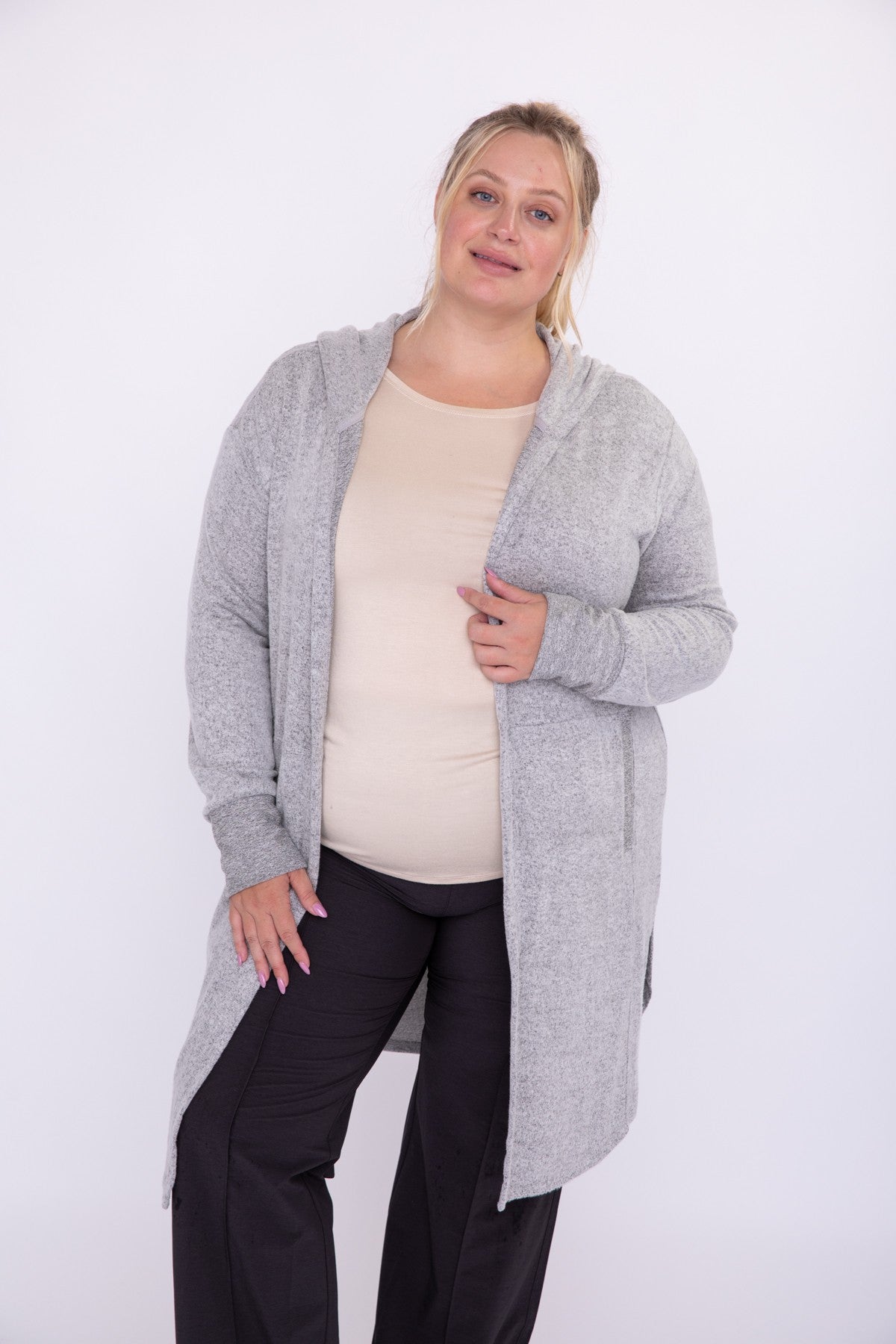 Curvy Open Front Hoodie Cardigan in 2 Tone Grey