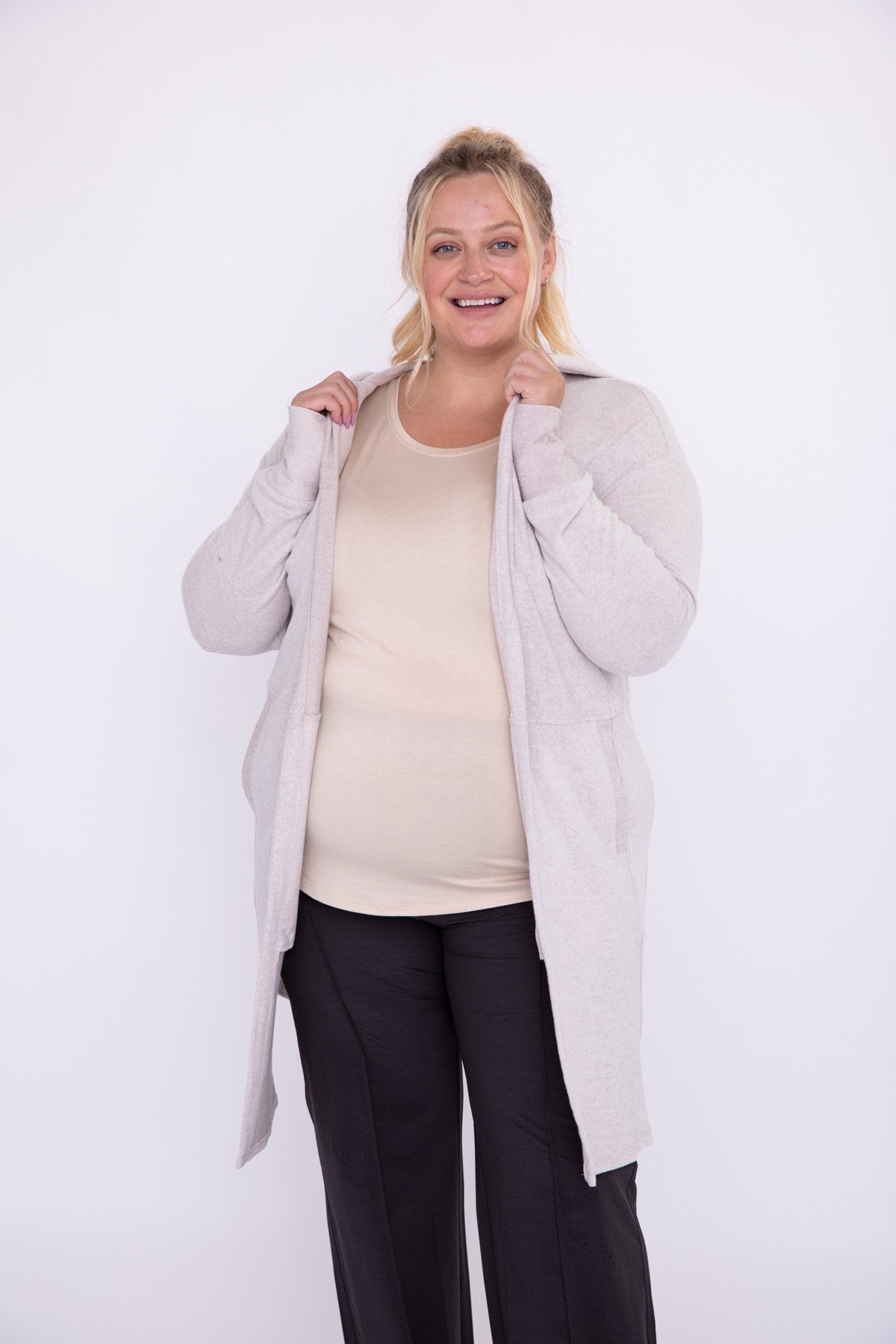 Curvy Open Front Hoodie Cardigan in Taupe