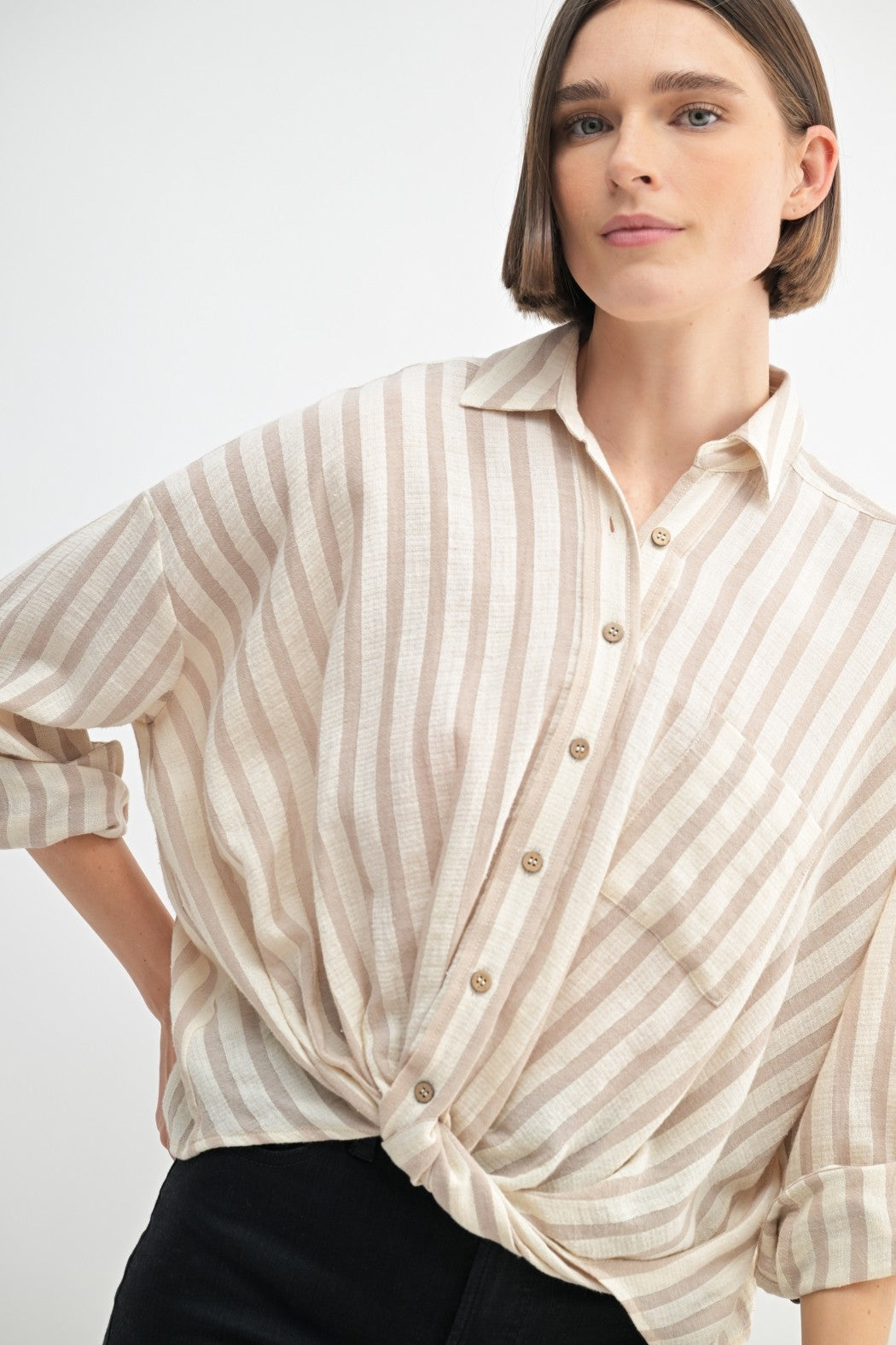 Twist Front Button Down Top in Taupe