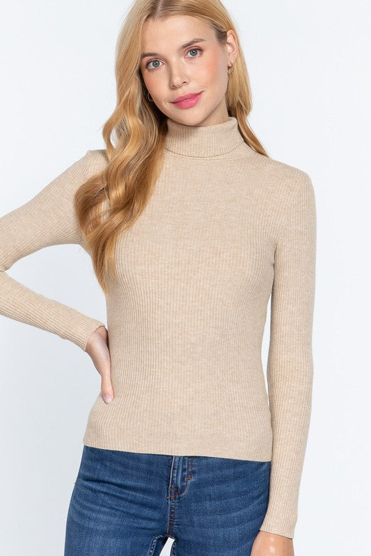 Solid Turtleneck Ribbed Top