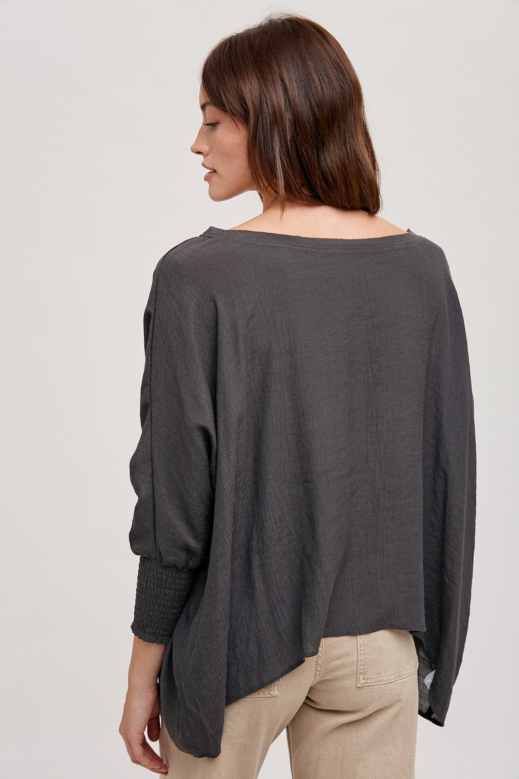 Oversized Top with Smocked Sleeves in Dk. Grey