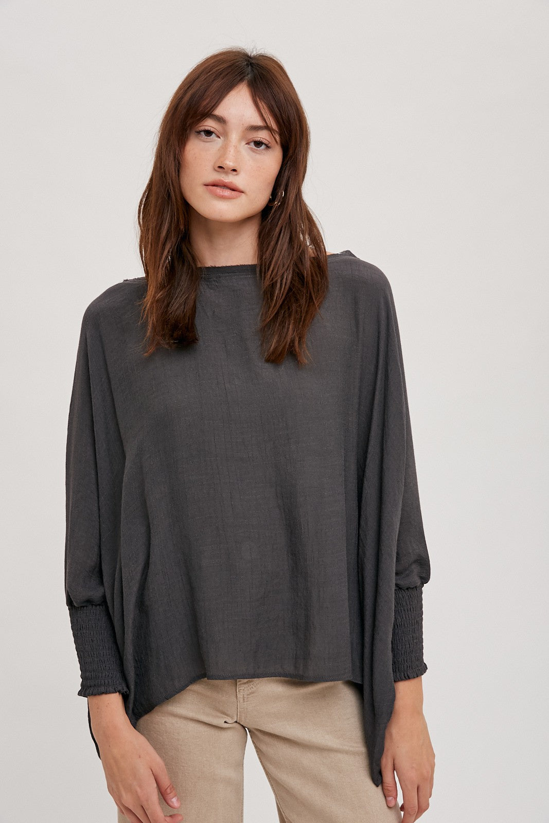 Oversized Top with Smocked Sleeves in Dk. Grey