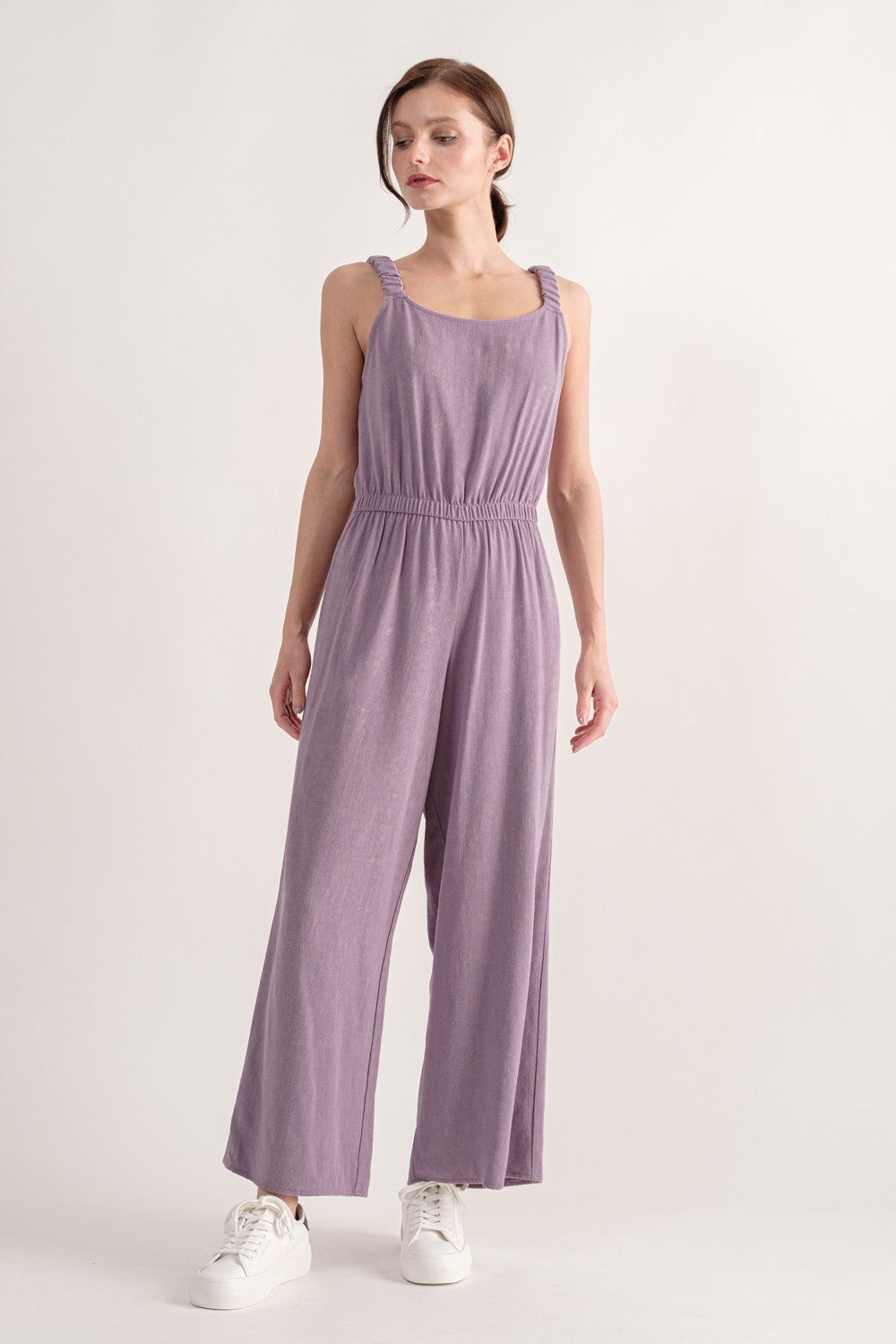 Linen Blend Elastic Strap Jumpsuit