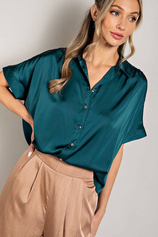 Satin Button up Top in Teal