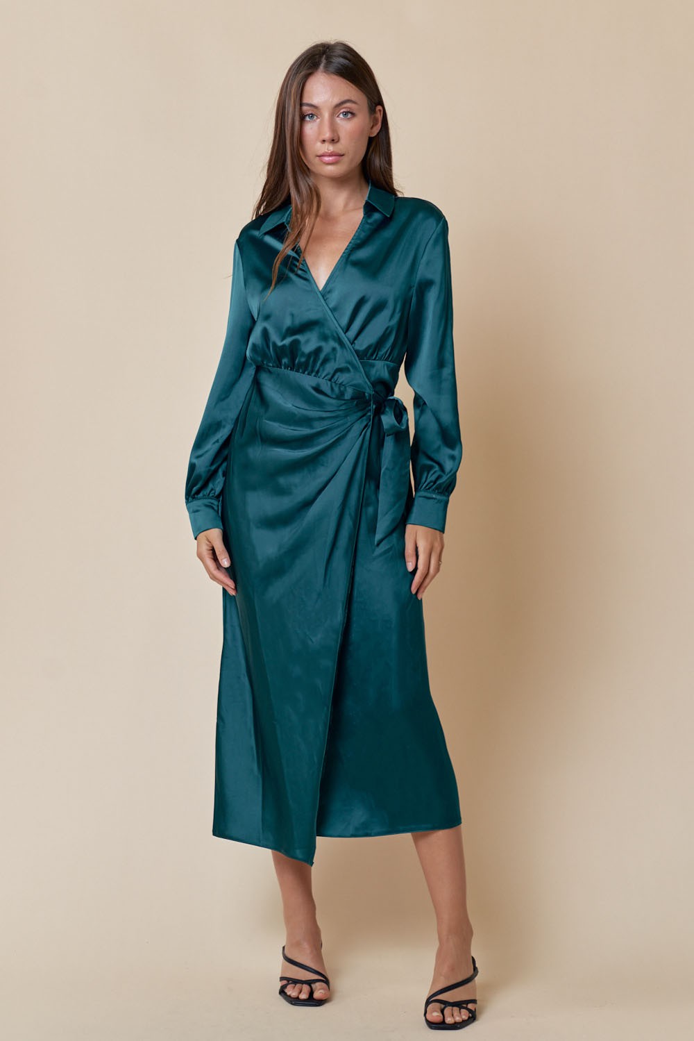 Collared Overlap Satin Midi Dress