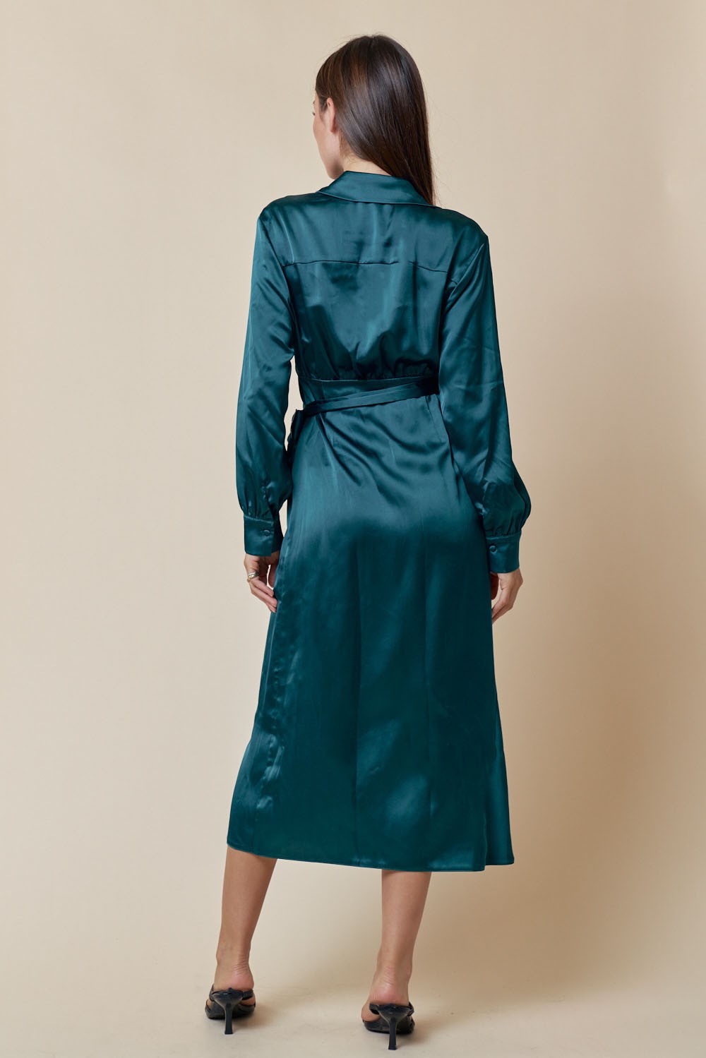Collared Overlap Satin Midi Dress