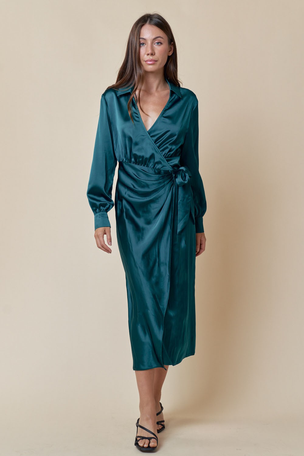 Collared Overlap Satin Midi Dress