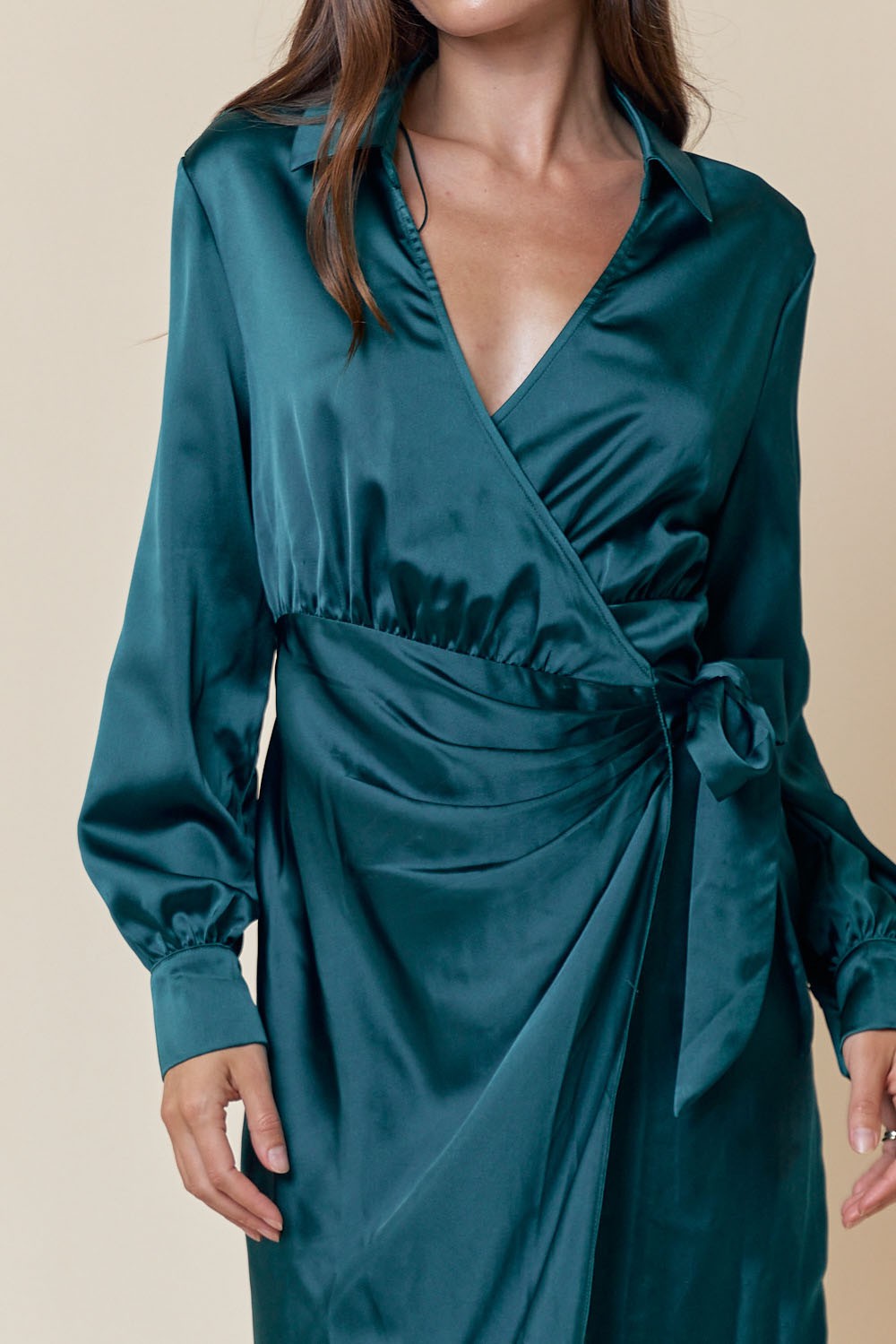 Collared Overlap Satin Midi Dress