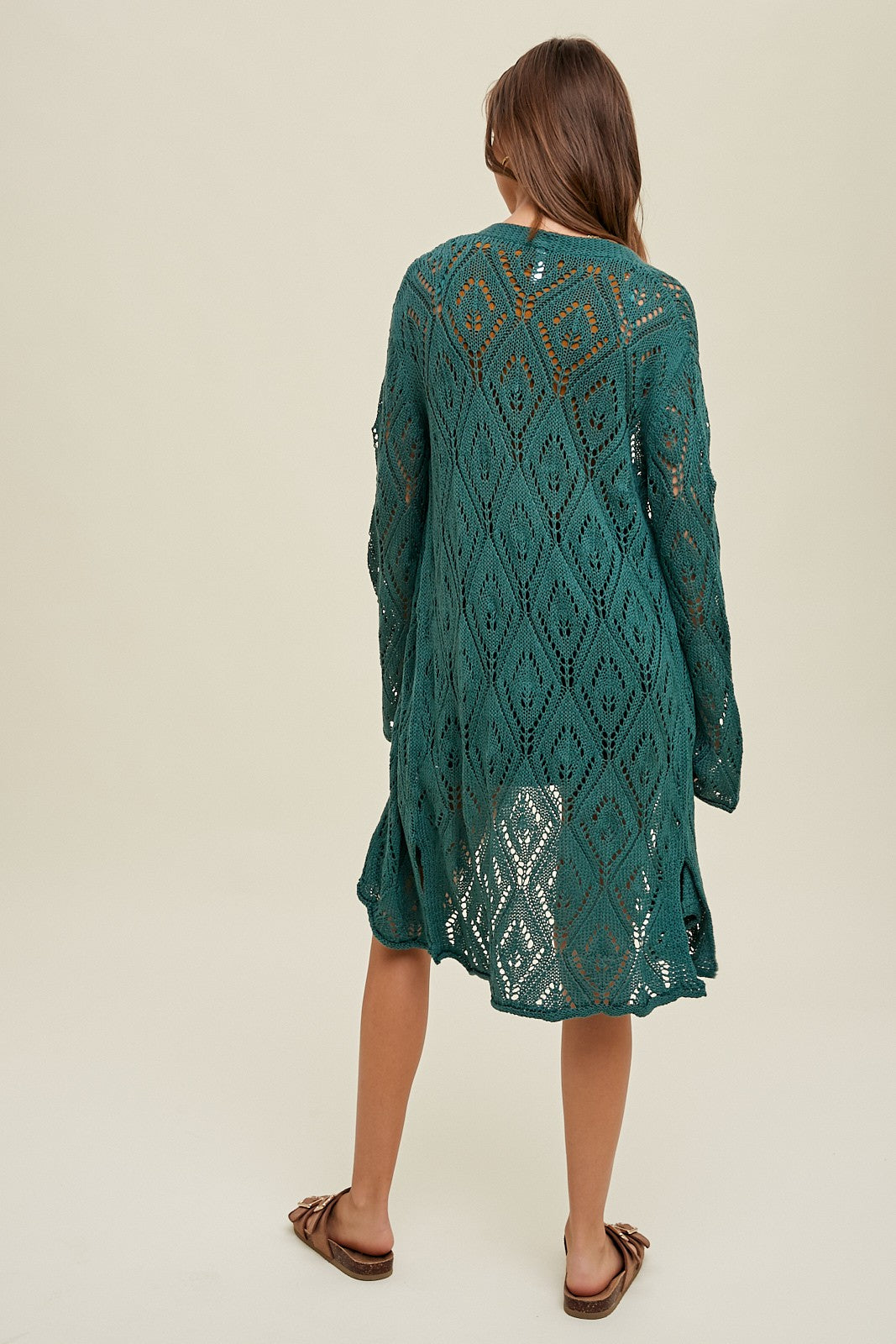 Crochet Maxi Cardigan Sweater in T. Green