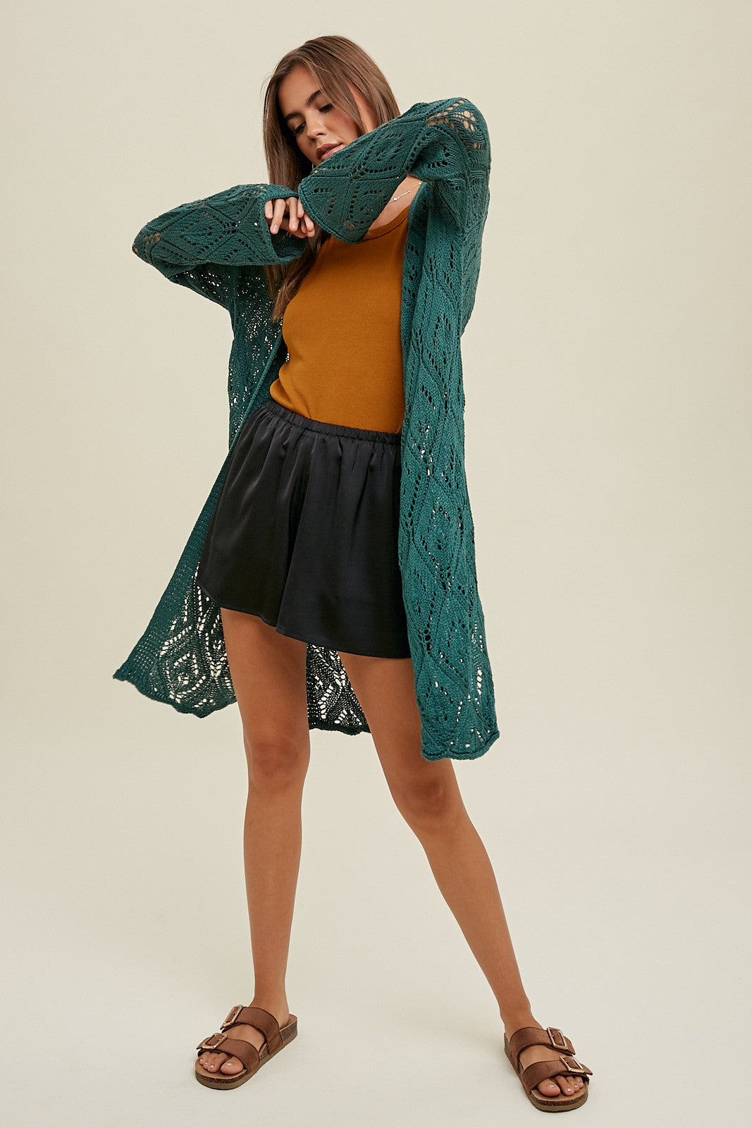 Crochet Maxi Cardigan Sweater in T. Green