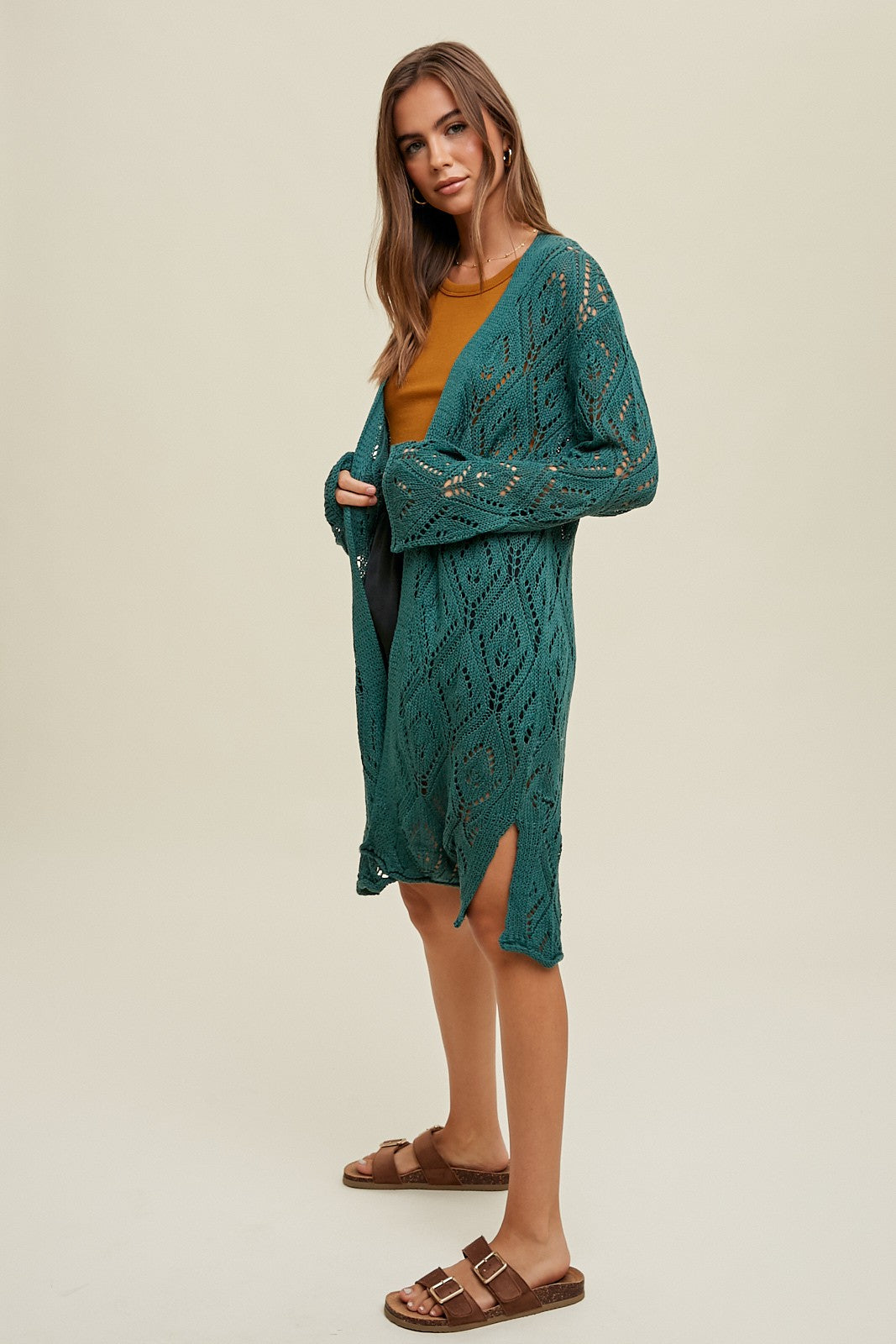 Crochet Maxi Cardigan Sweater in T. Green