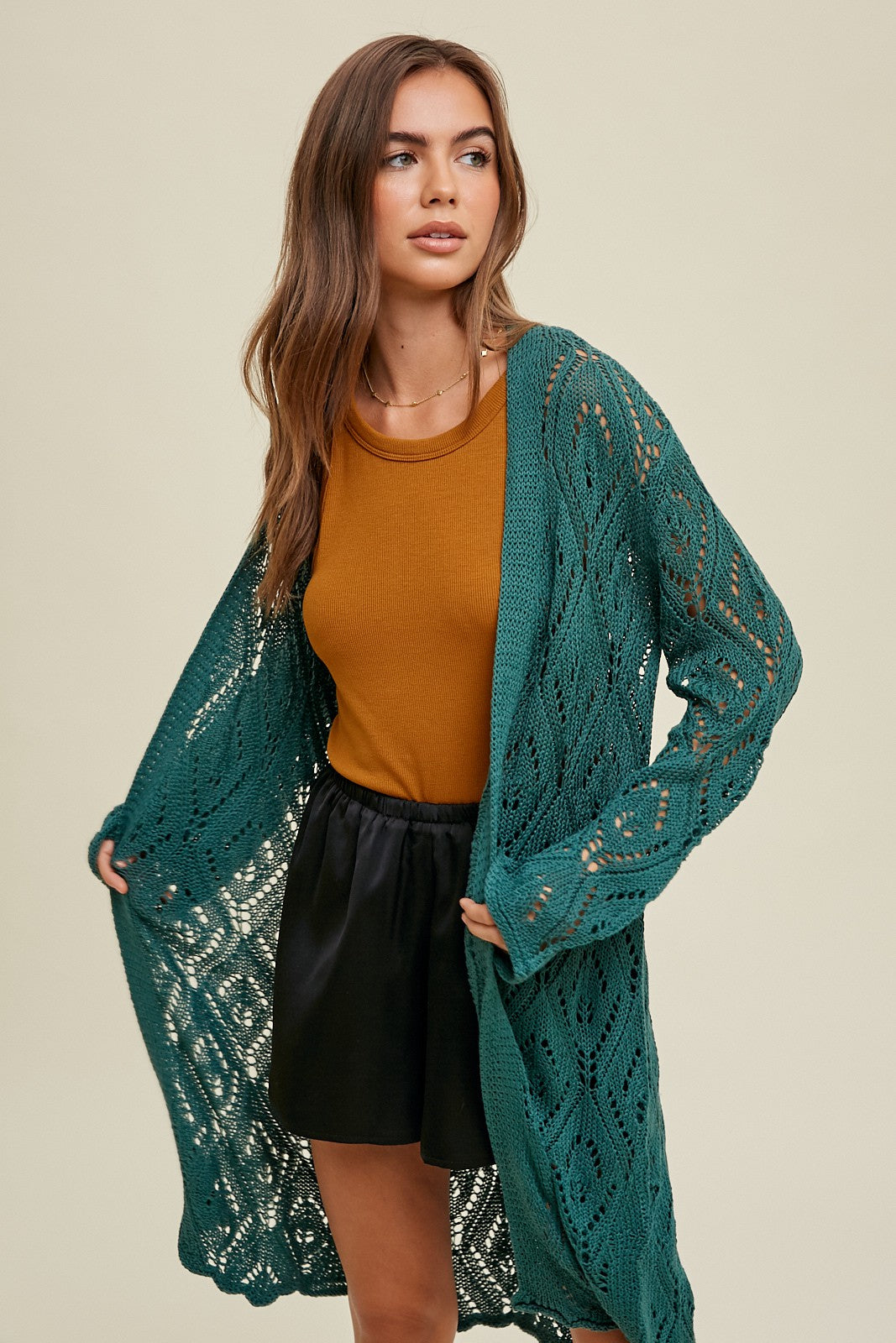 Crochet Maxi Cardigan Sweater in T. Green