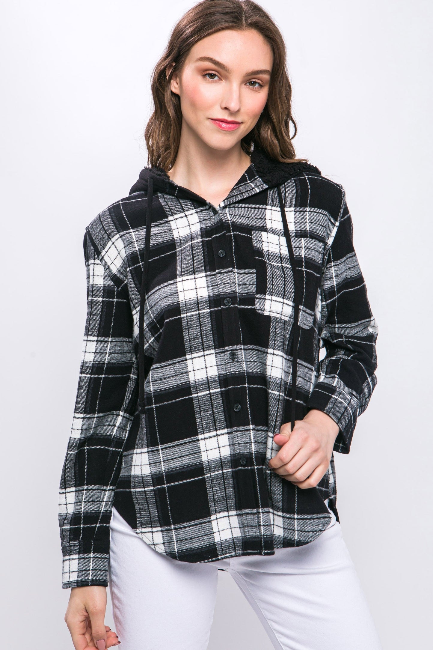 Flannel Plaid Hoodie in Black