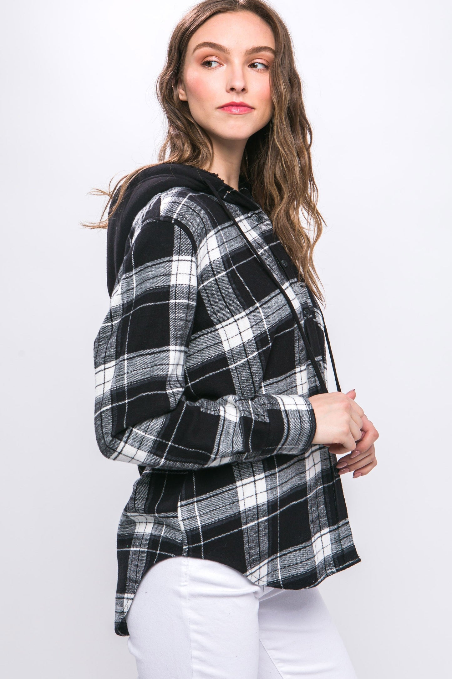 Flannel Plaid Hoodie in Black