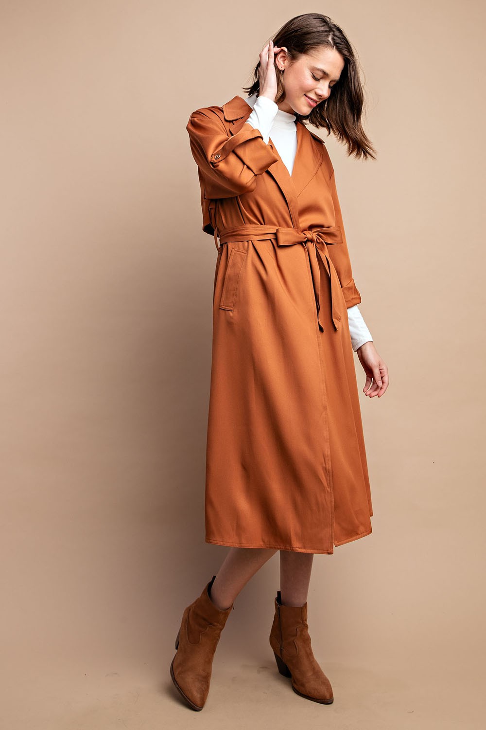 Roll Sleeve Lightweight Coat in Camel
