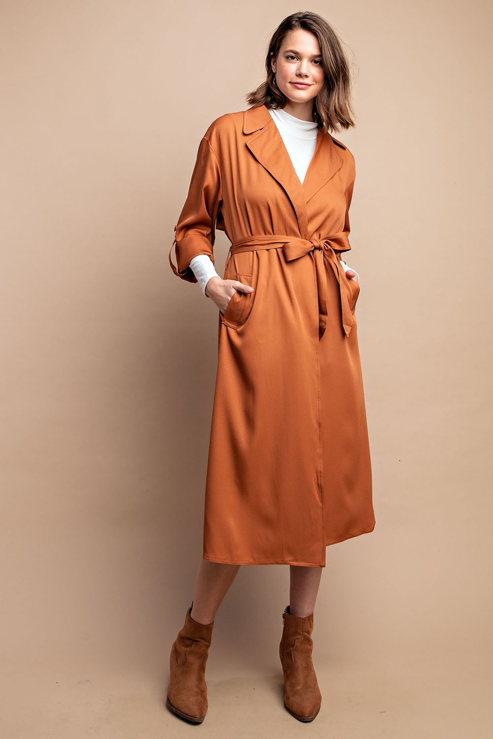 Roll Sleeve Lightweight Coat in Camel