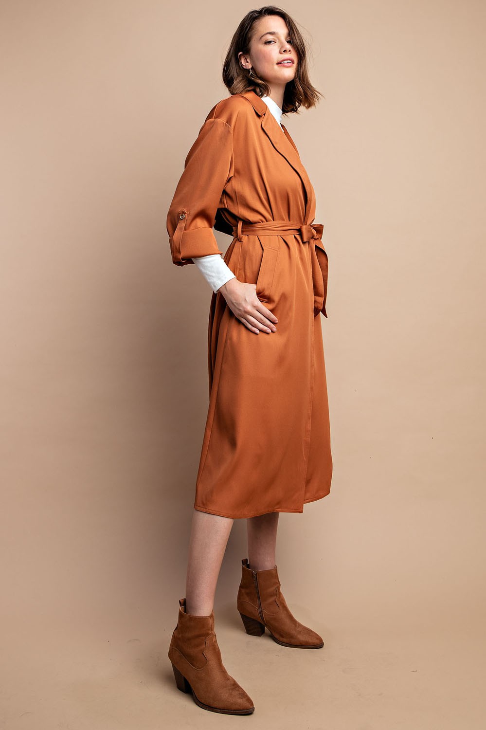 Roll Sleeve Lightweight Coat in Camel