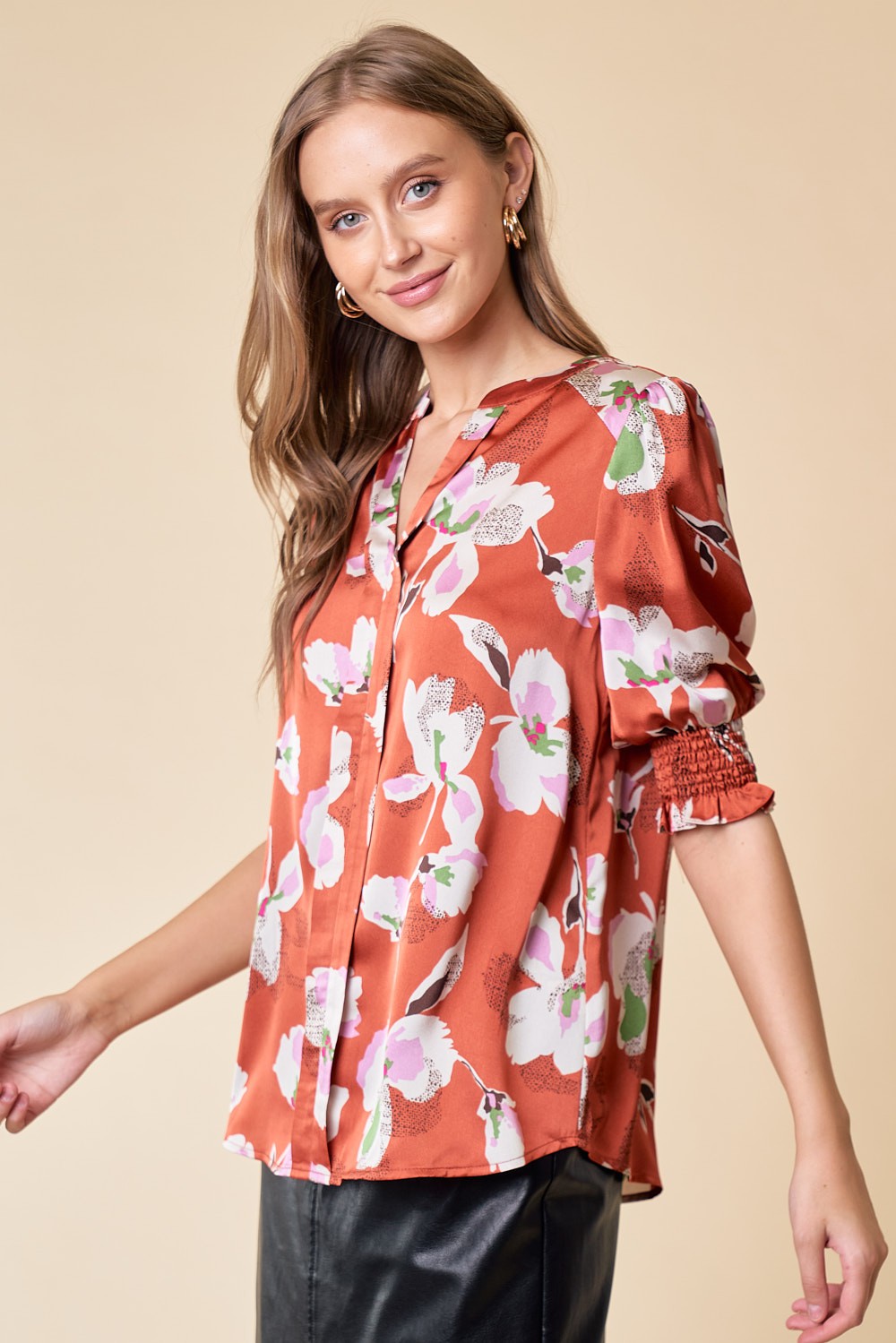 V-Neck Fall Floral Blouse in Ginger Spice
