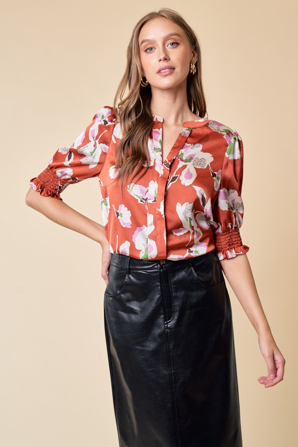 V-Neck Fall Floral Blouse in Ginger Spice