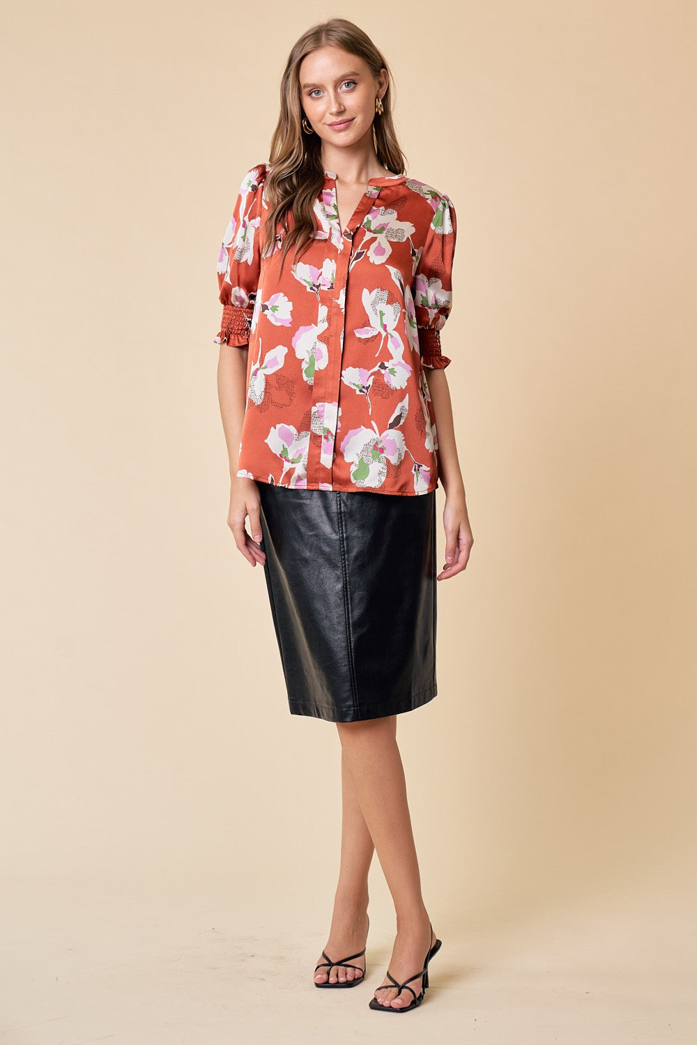 V-Neck Fall Floral Blouse in Ginger Spice