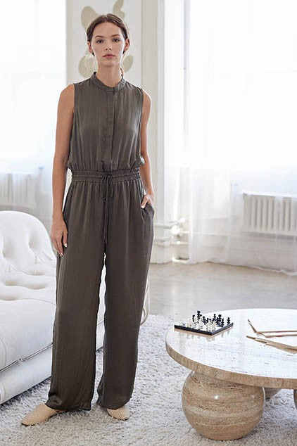 The Dede Satin Jumpsuit in Olive