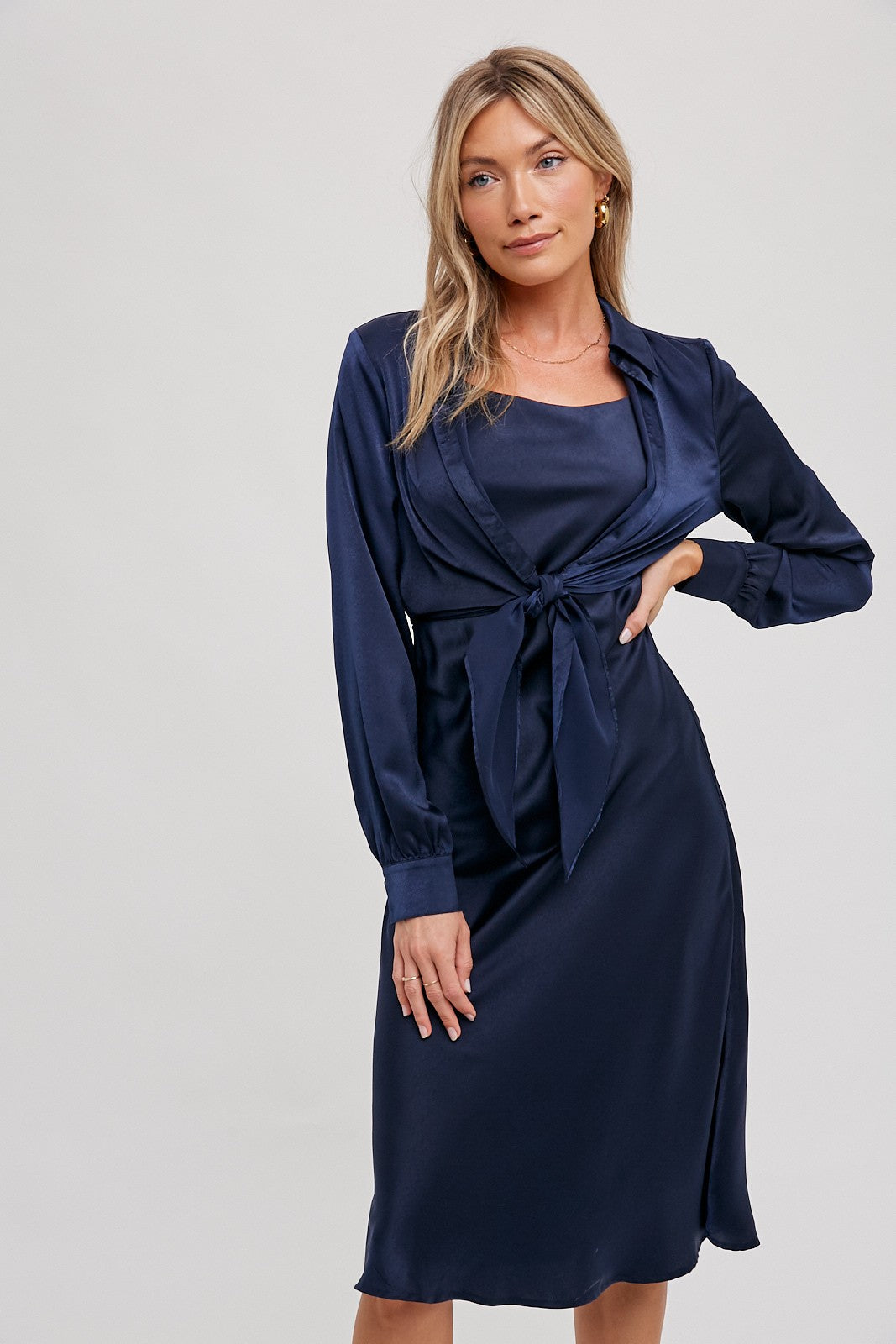 Satin Dress & Crop Tie Detail Top Set