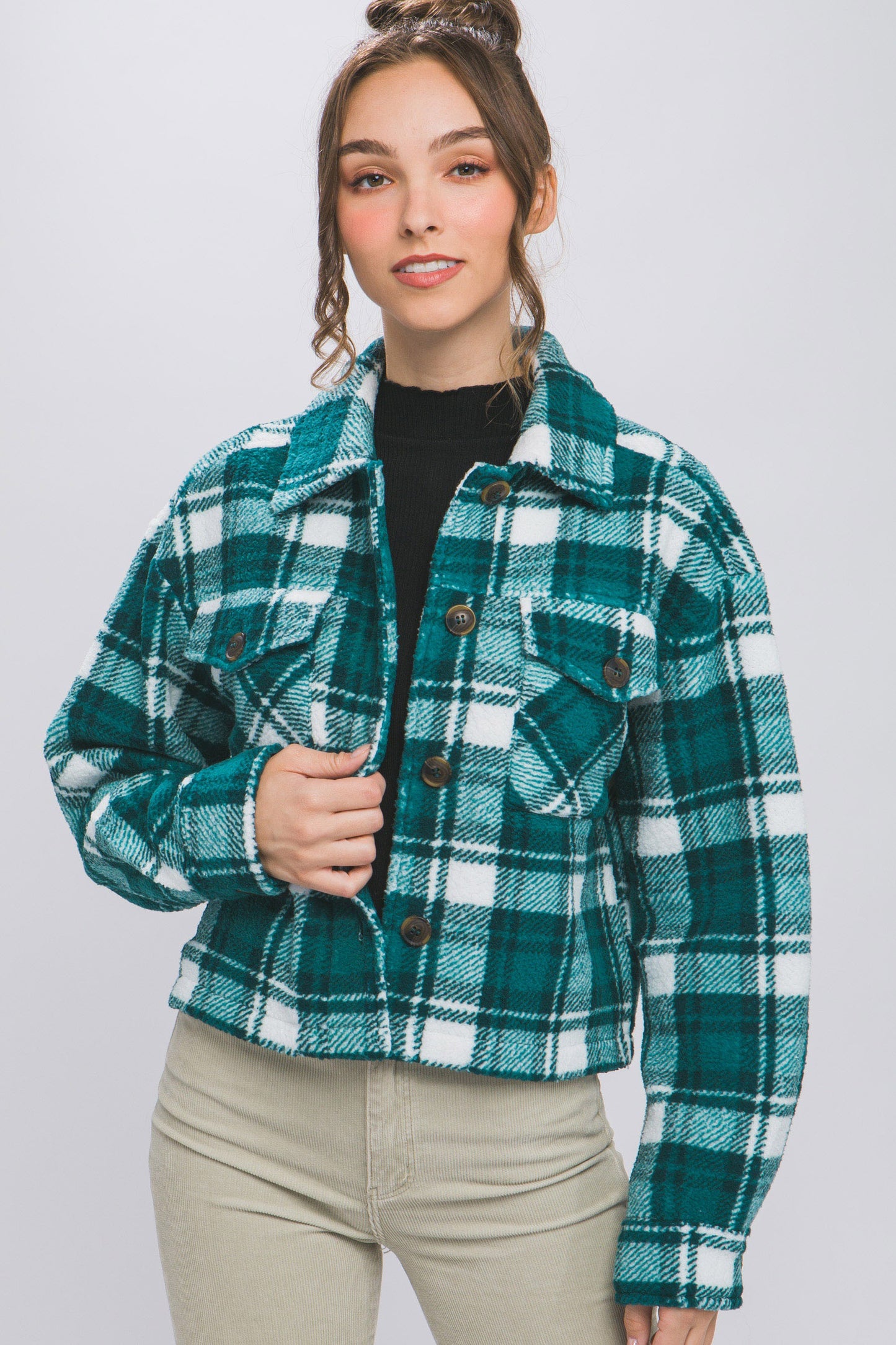 Soft Plaid Cropped Jacket in Hunter Green