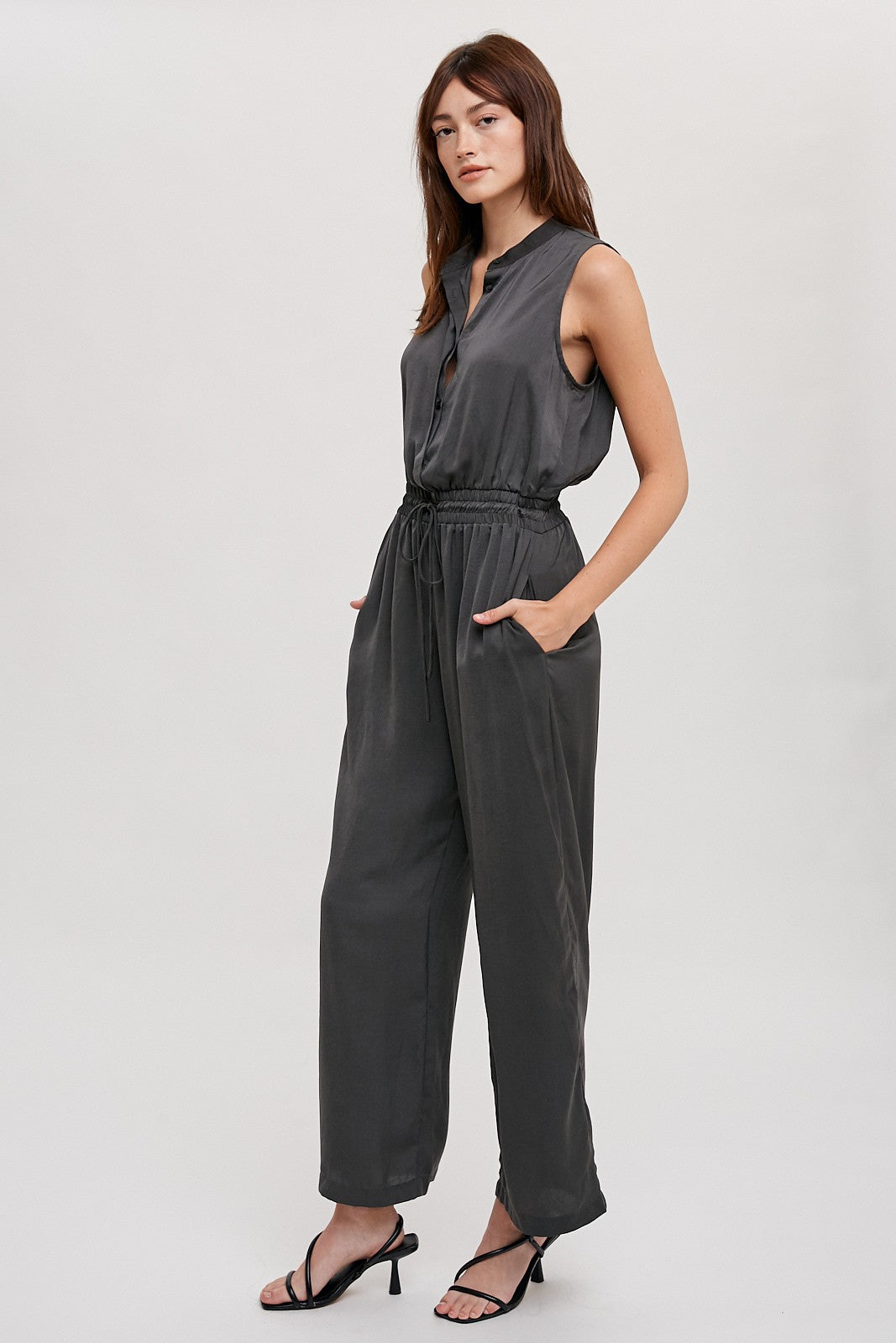 The Dede Satin Jumpsuit in Charcoal
