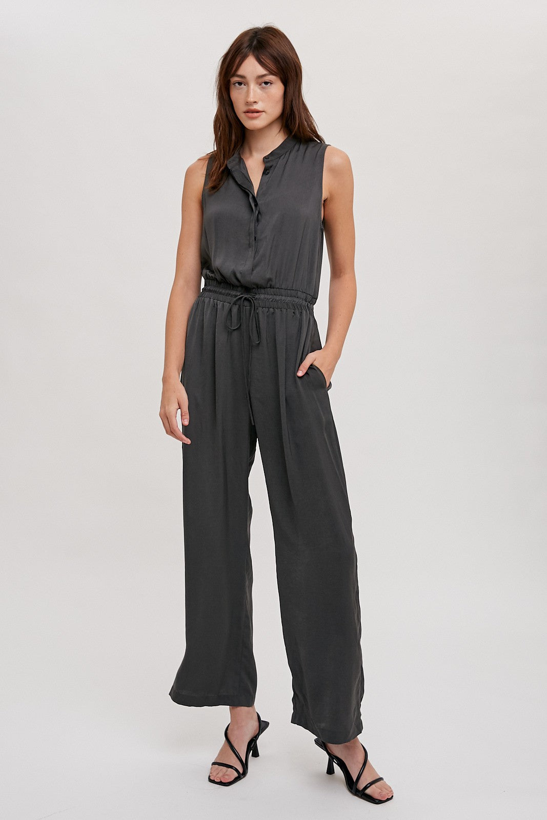 The Dede Satin Jumpsuit in Charcoal