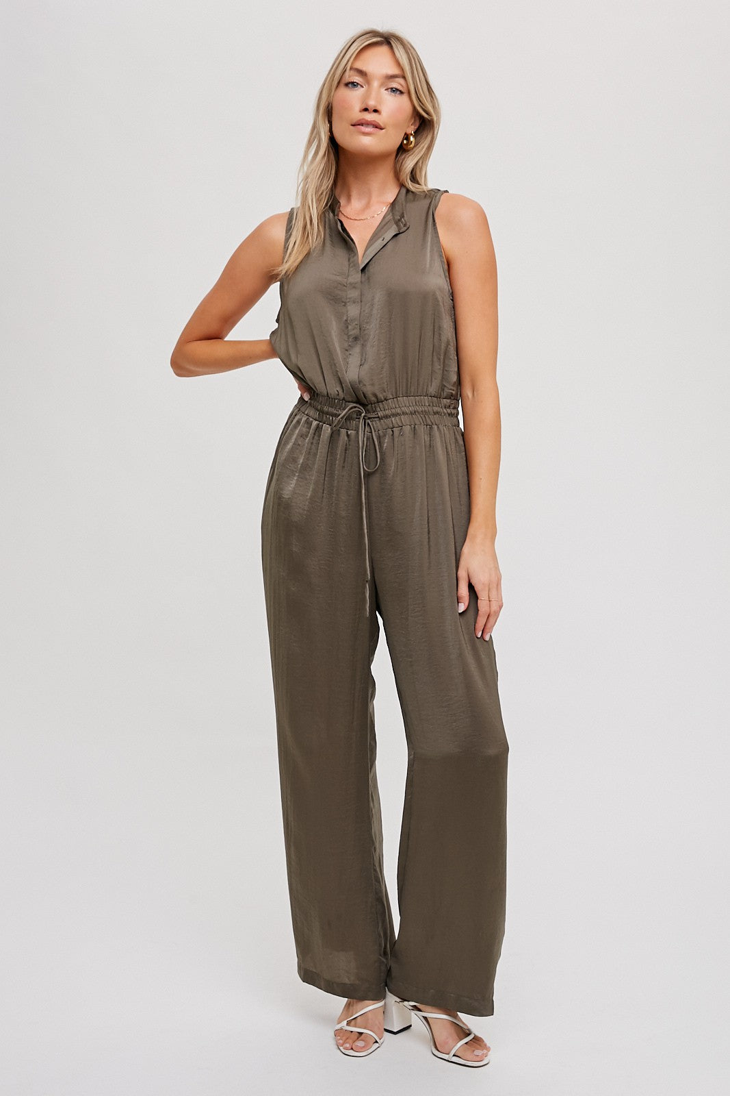 The Dede Satin Jumpsuit in Olive